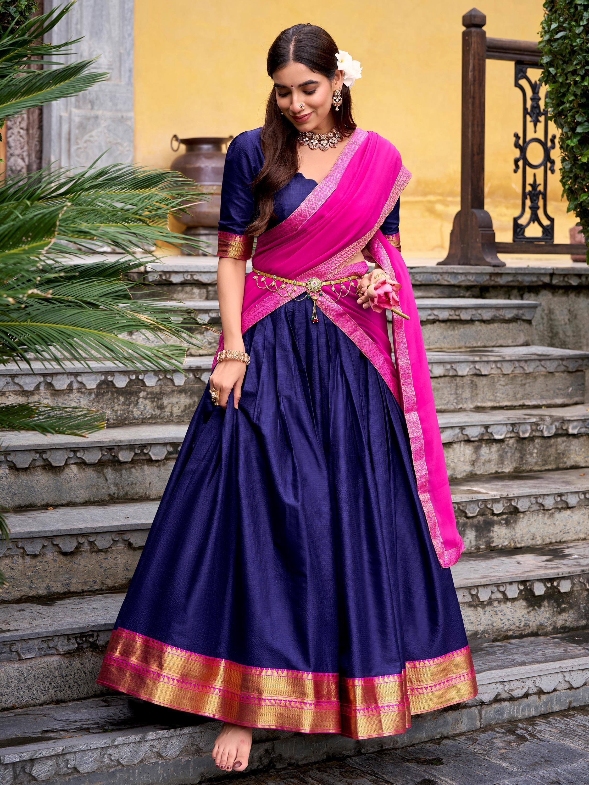 Pretty Blue Zari Weaving Cotton Wedding Wear Half Saree Lehenga Choli
