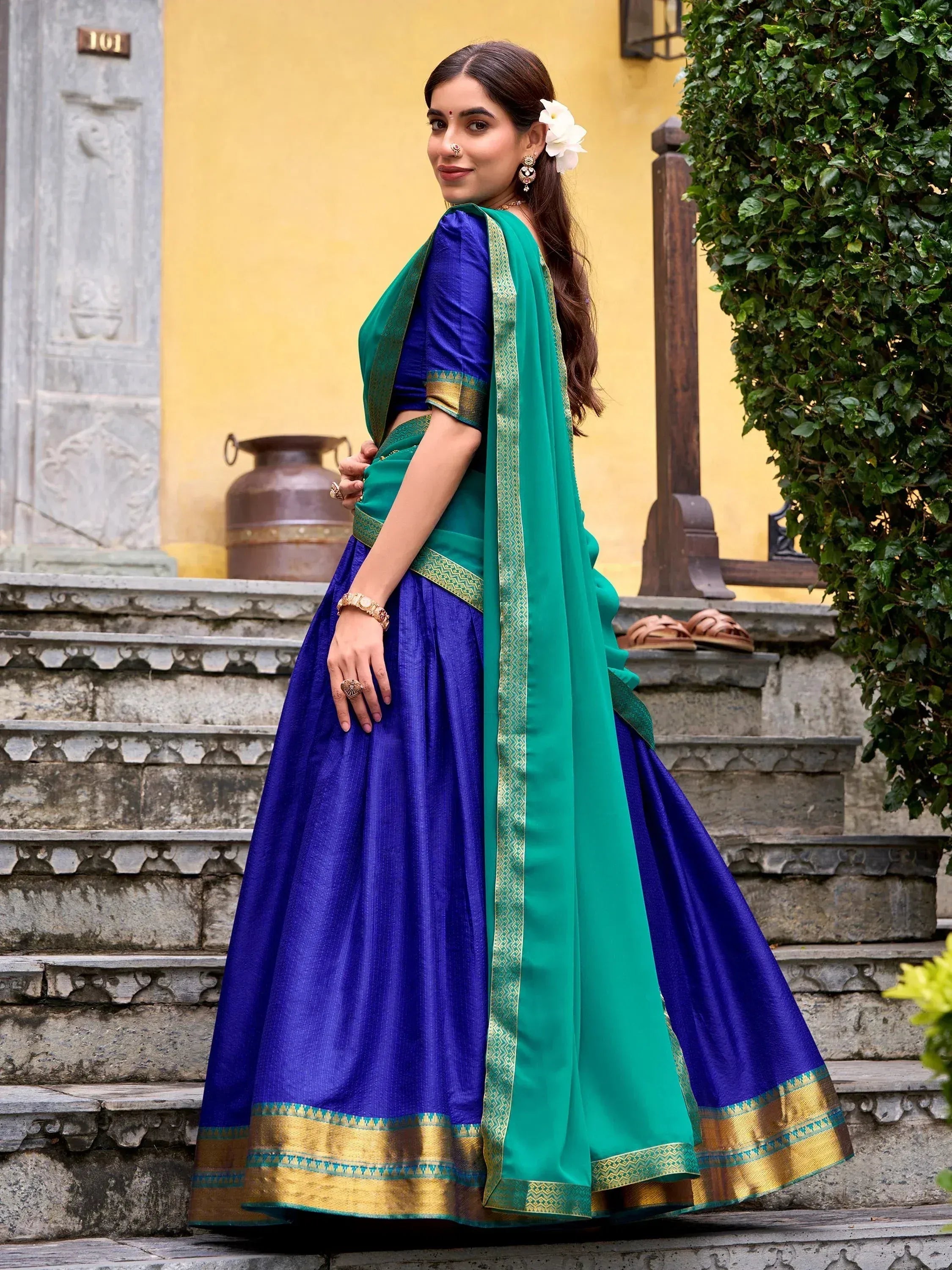 Lovely Blue Zari Weaving Cotton Festive Wear Half Saree Lehenga Choli