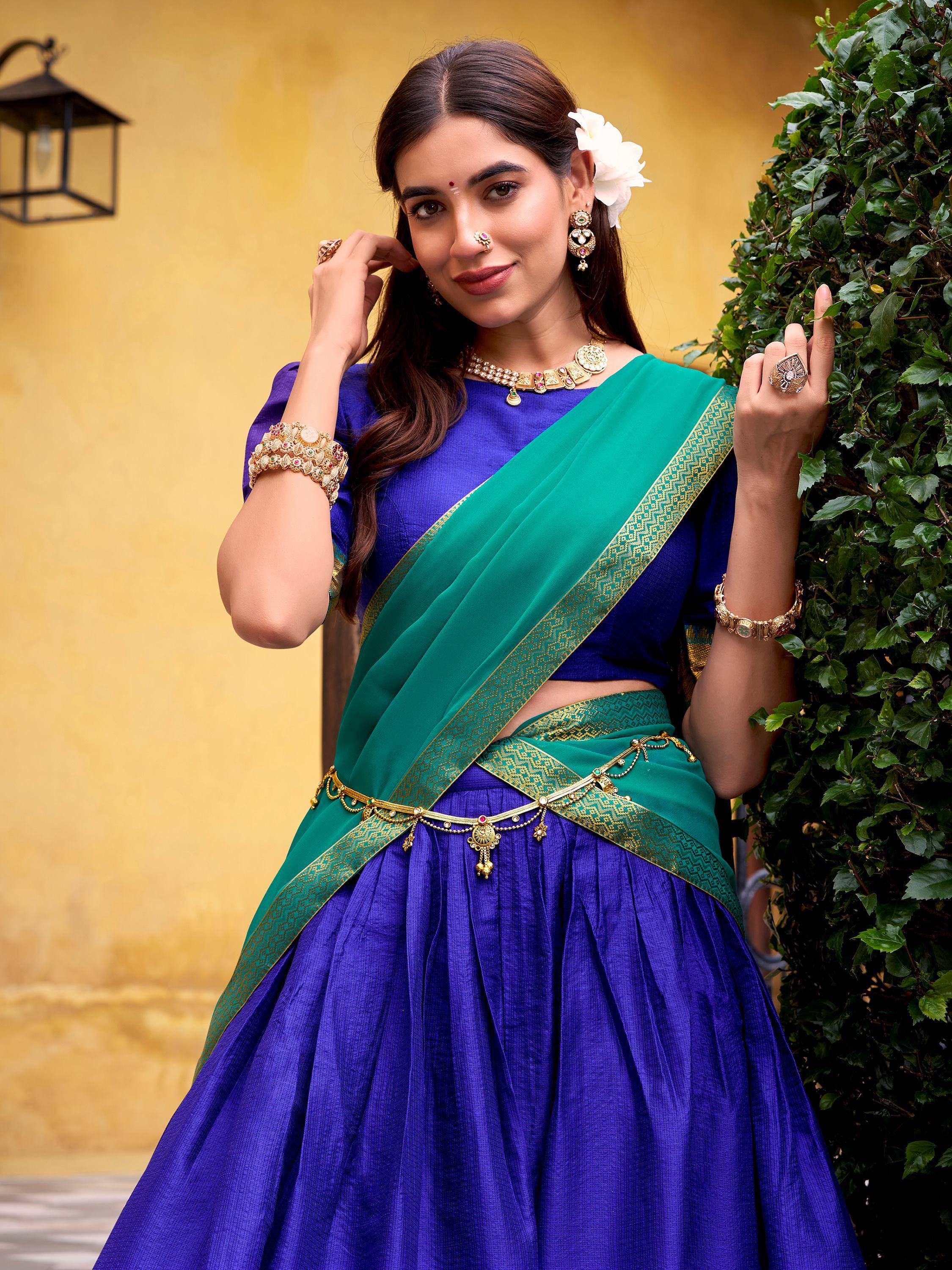 Lovely Blue Zari Weaving Cotton Festive Wear Half Saree Lehenga Choli