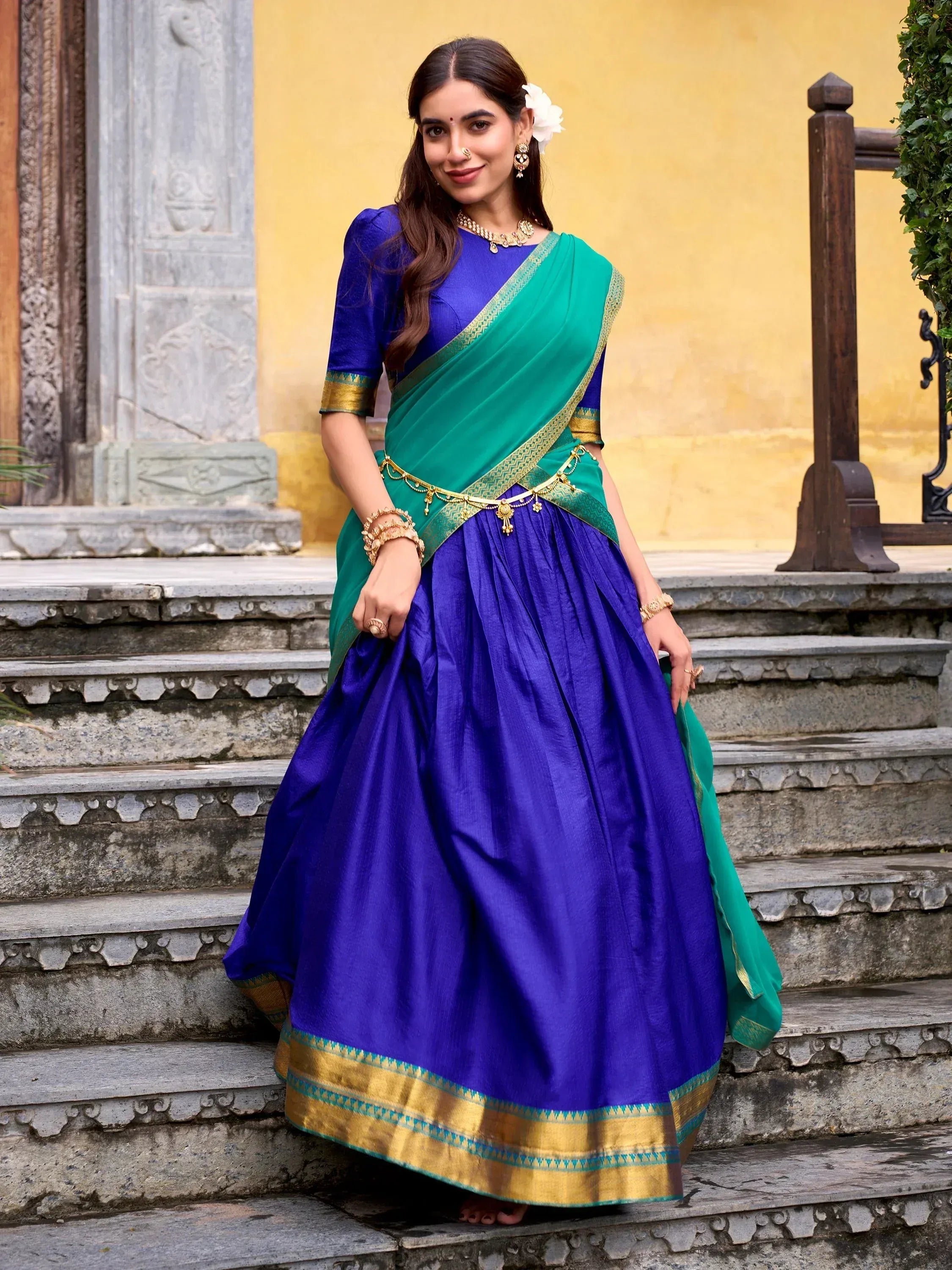 Lovely Blue Zari Weaving Cotton Festive Wear Half Saree Lehenga Choli