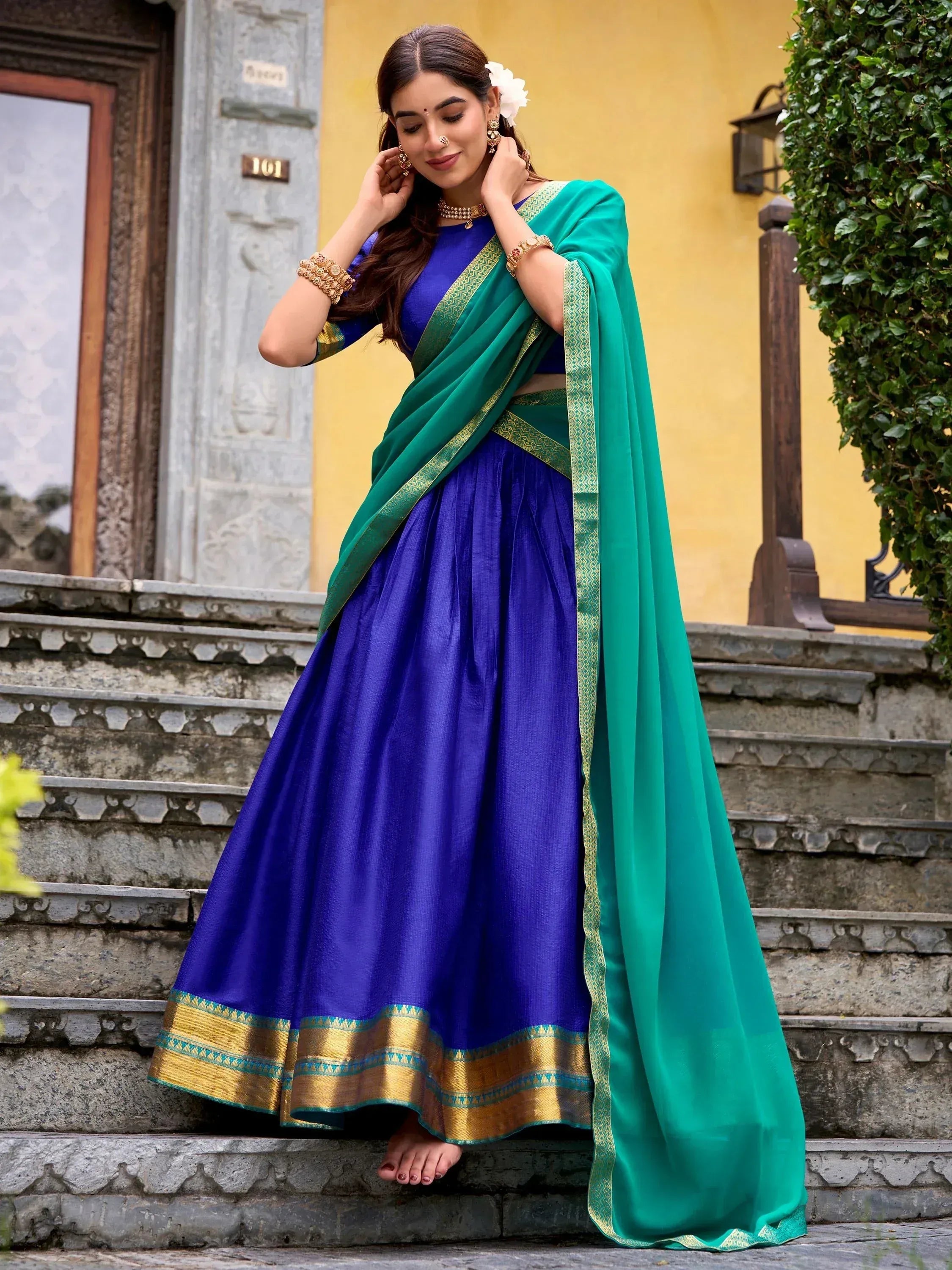 Lovely Blue Zari Weaving Cotton Festive Wear Half Saree Lehenga Choli