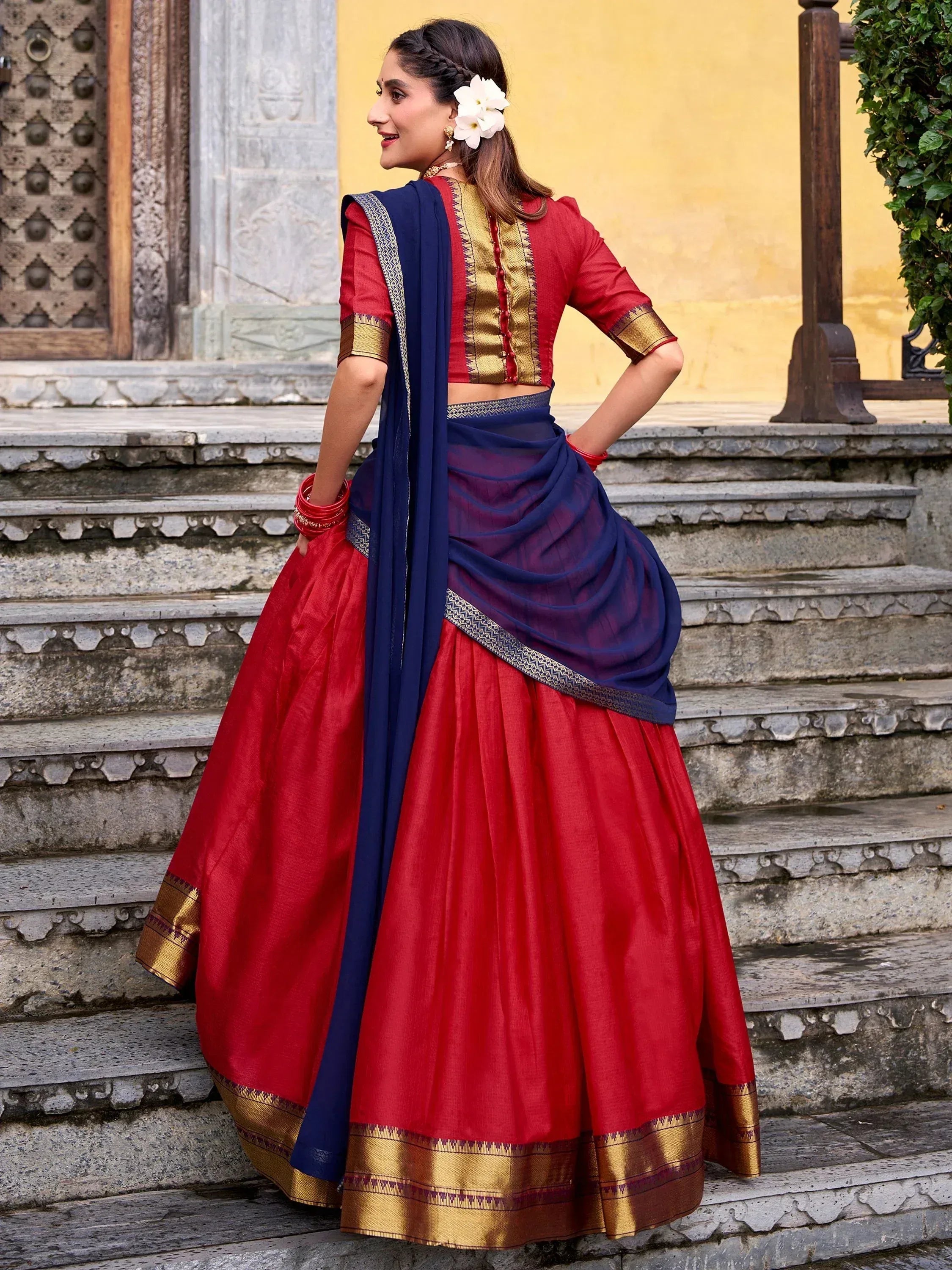 Pretty Red Zari Weaving Cotton Wedding Wear Half Saree Lehenga Choli