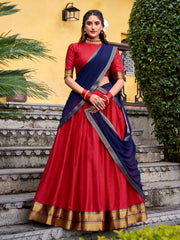 Pretty Red Zari Weaving Cotton Wedding Wear Half Saree Lehenga Choli