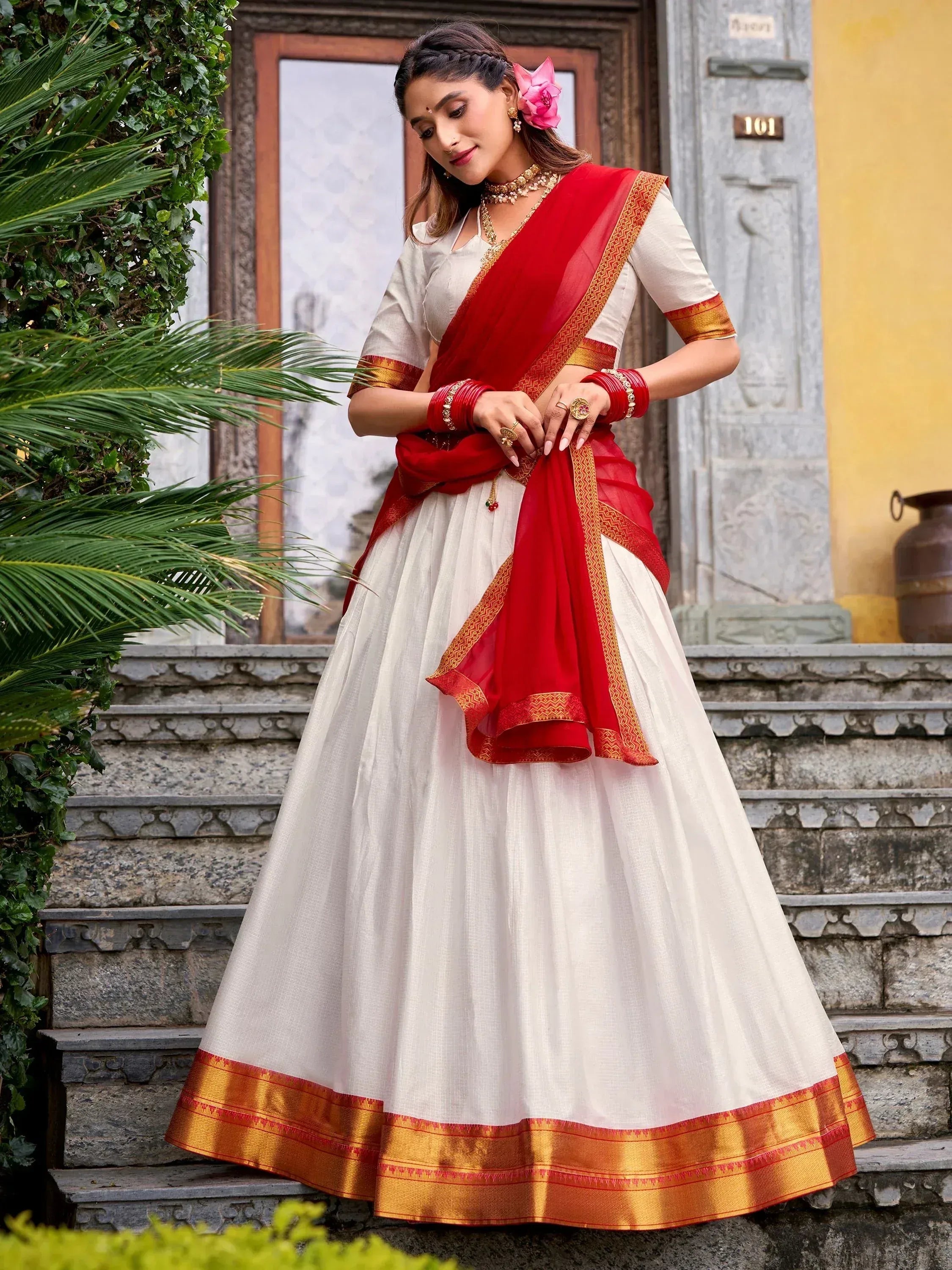 Great White Zari Weaving Cotton Festive Wear Half Saree Lehenga Choli