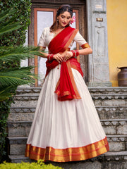 Great White Zari Weaving Cotton Festive Wear Half Saree Lehenga Choli