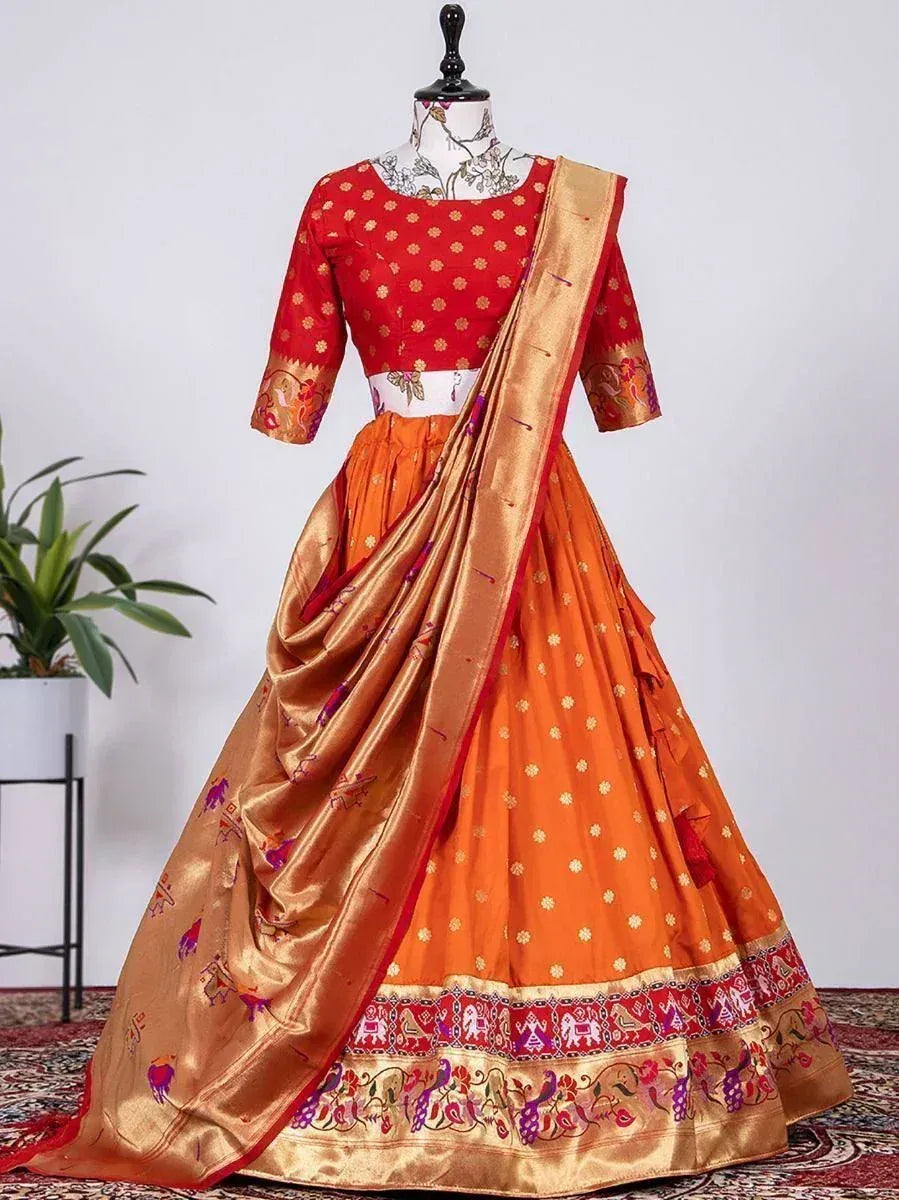 Red and orange designer lehenga choli with gold embroidery and printed dupatta, ethnic Indian wear