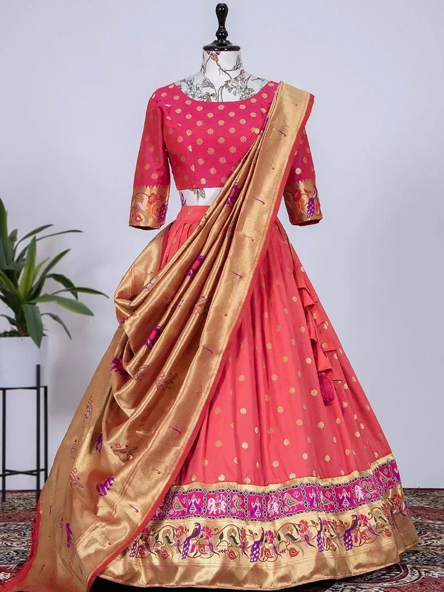 Pink designer lehenga choli with gold dupatta, ethnic Indian wear for weddings and festivals