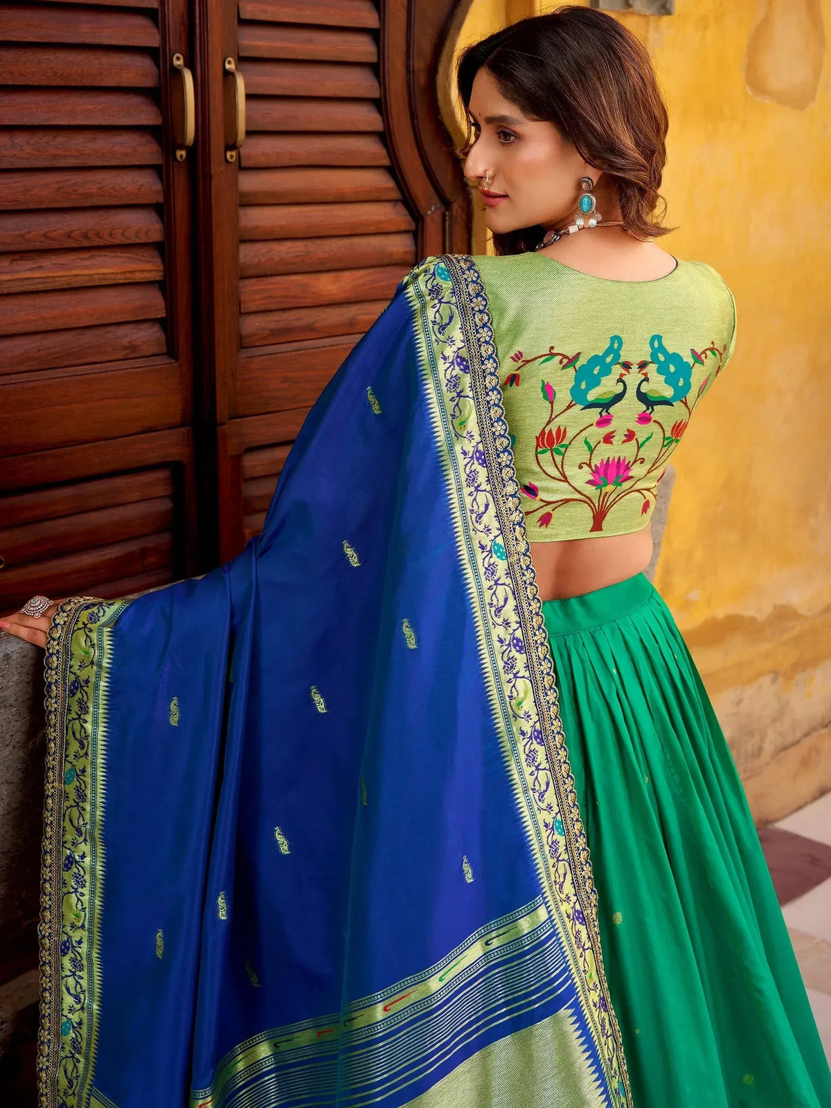 Green embroidered lehenga choli with blue dupatta, Indian ethnic wear for women