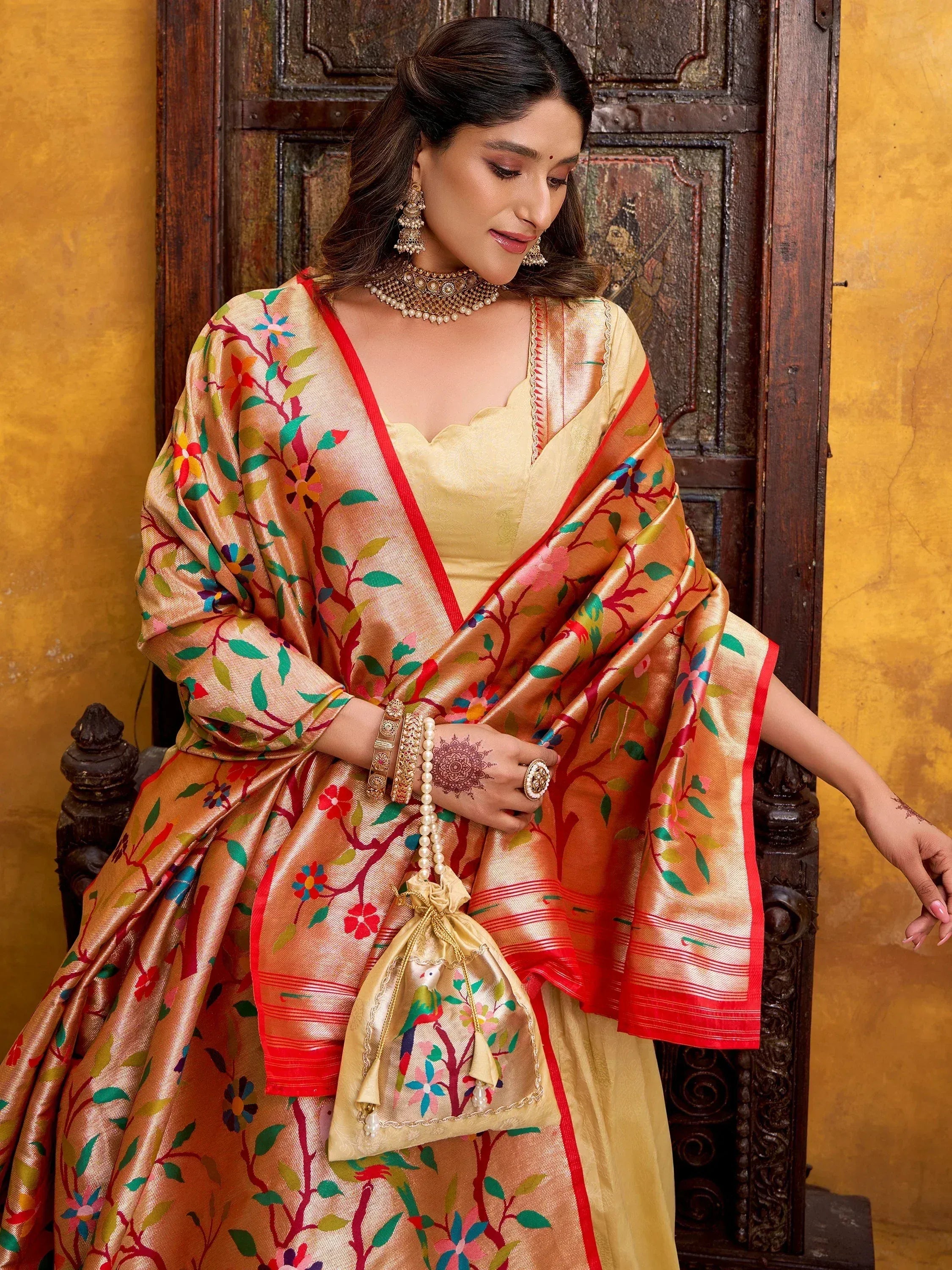 Beautiful Cream Zari Weaving Silk Festival Wear Lehenga Choli