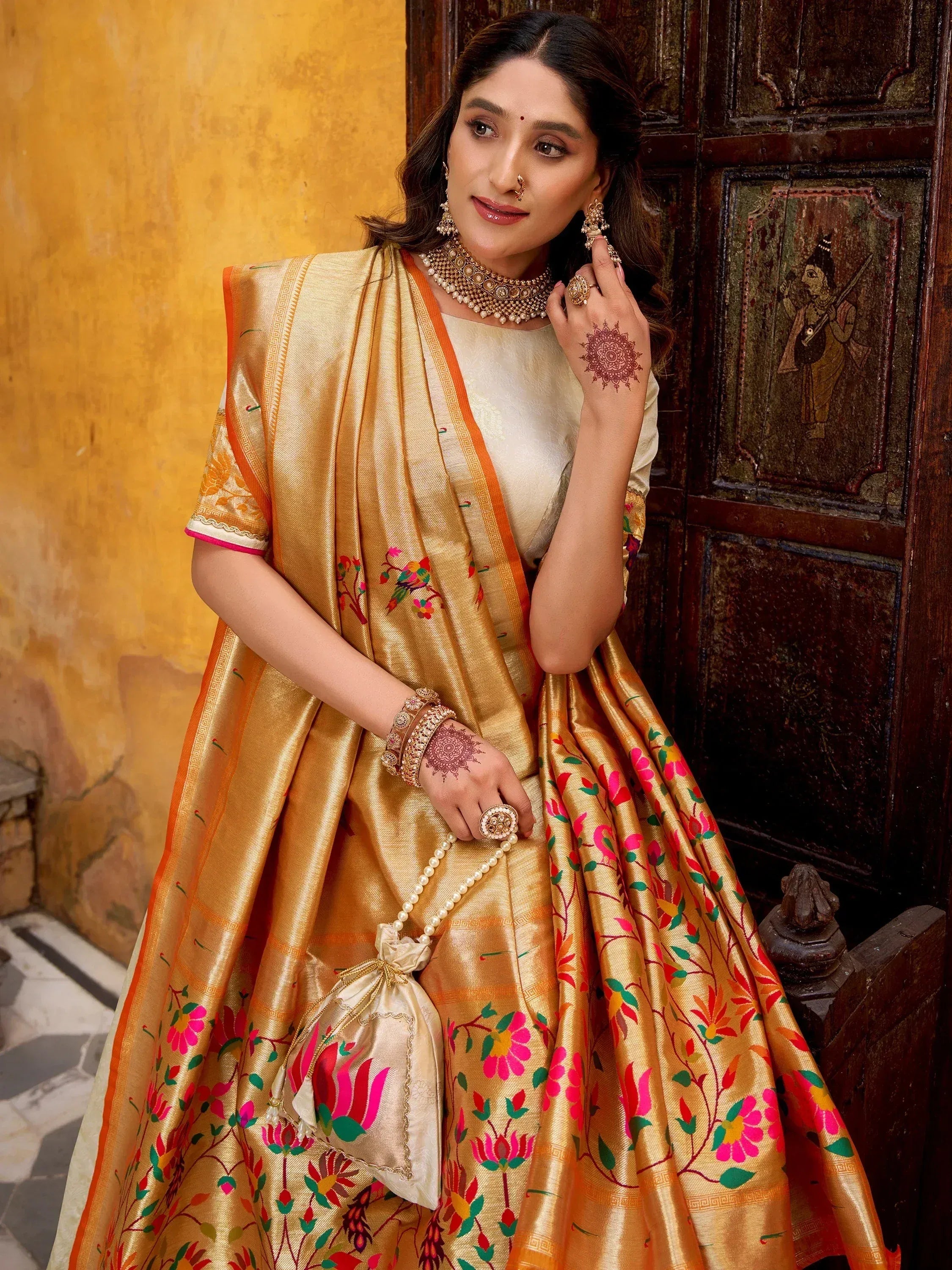 Dazzling Off-White Zari Weaving Silk Function Wear Lehenga Choli
