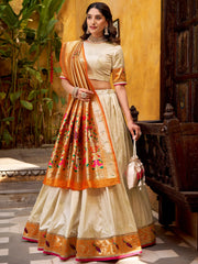 Dazzling Off-White Zari Weaving Silk Function Wear Lehenga Choli