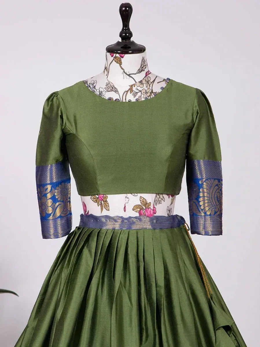 Olive green ethnic gown with blue gold sleeves, floral waistband, pleated skirt for Indian occasions