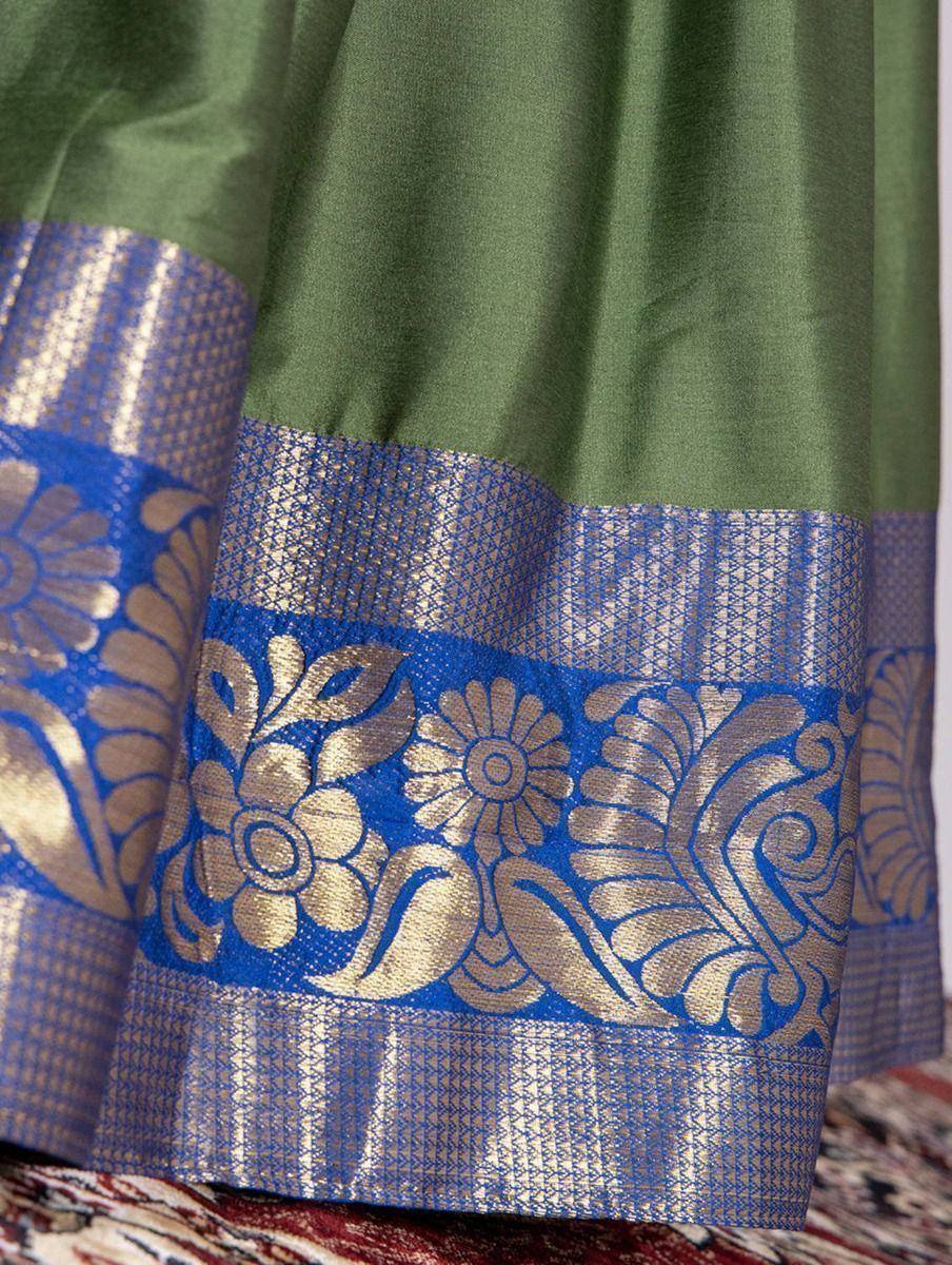 Green silk saree with blue and gold floral border, traditional Indian ethnic wear