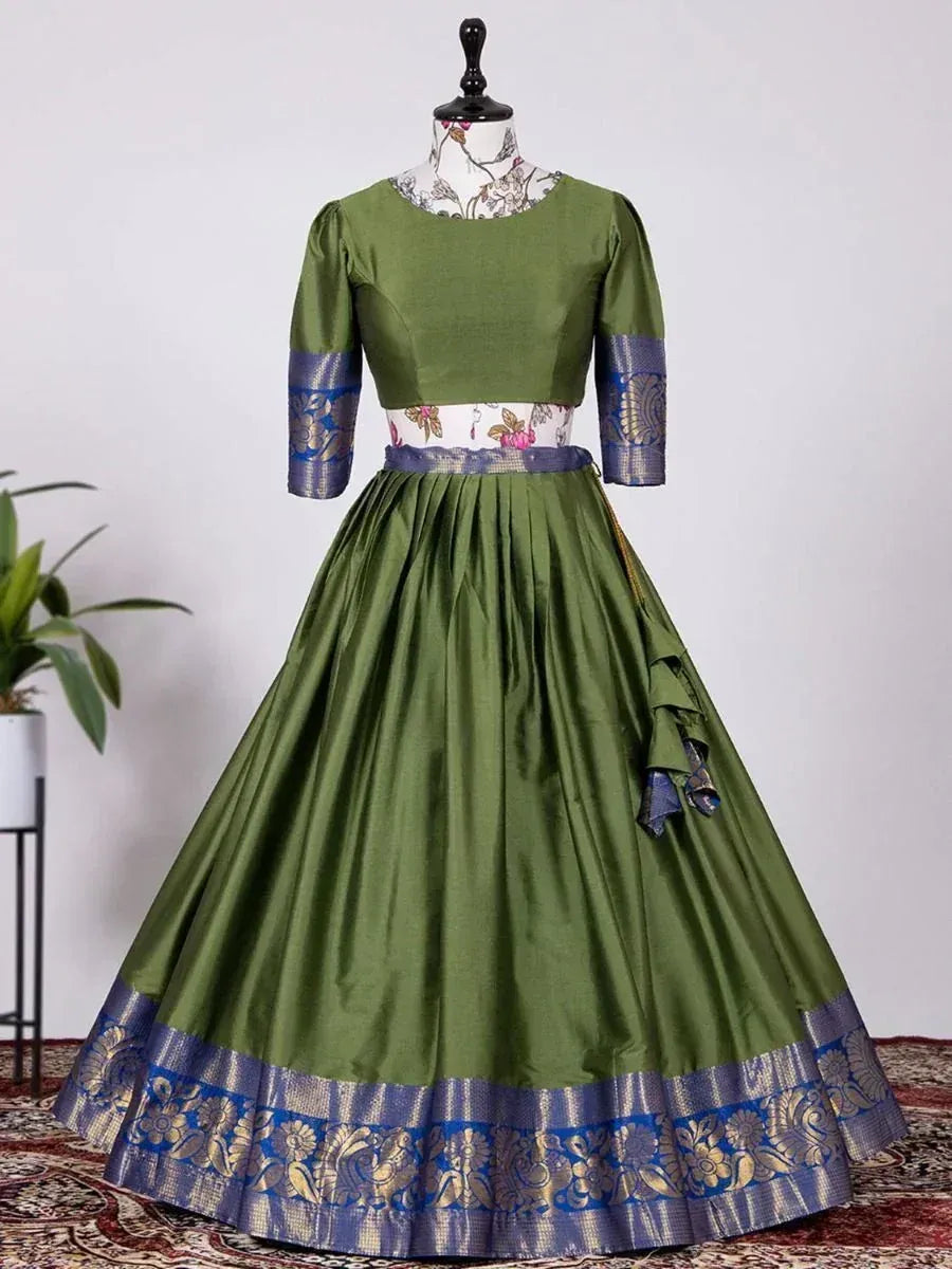 Olive green ethnic gown with blue gold border, floral waistband, puff sleeves for Indian occasions