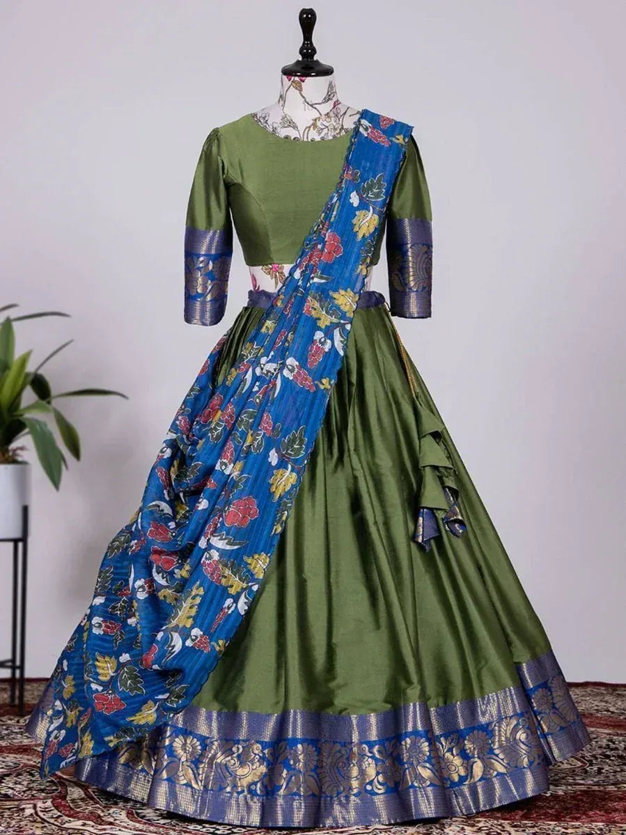 Olive green lehenga choli with blue floral dupatta, ethnic Indian wear for women