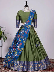 Unique Green Silk Zari Weaving Tamil Traditional Wear Half Saree Lehenga