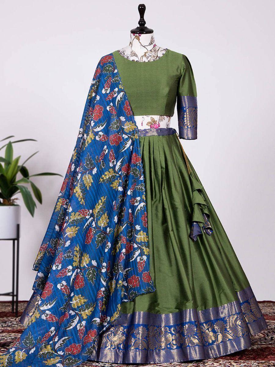 Green lehenga choli with blue floral dupatta, ethnic Indian wear for women