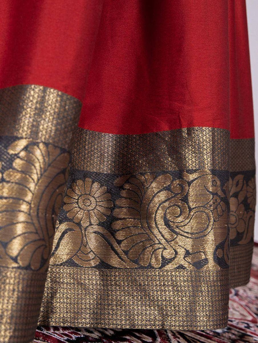 Red ethnic saree with golden floral border, designer Indian wear