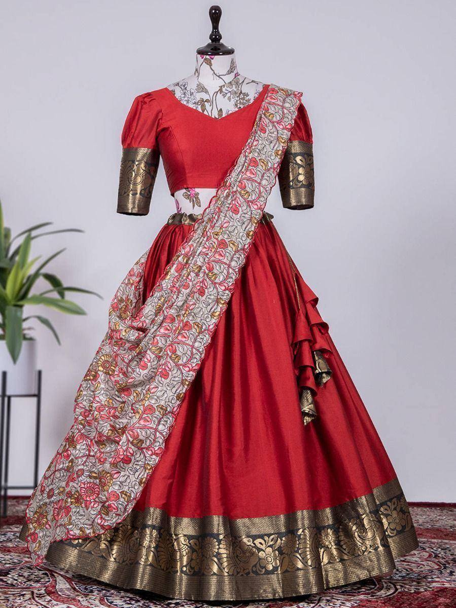 Red designer lehenga choli with gold border and floral dupatta, ethnic Indian wear