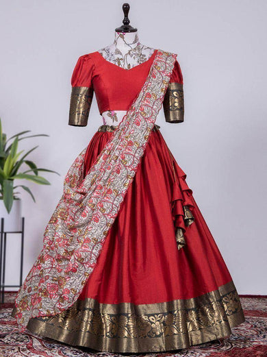 Pretty Red Silk Zari Weaving Onam Festival Traditional Wear Half Saree Lehenga
