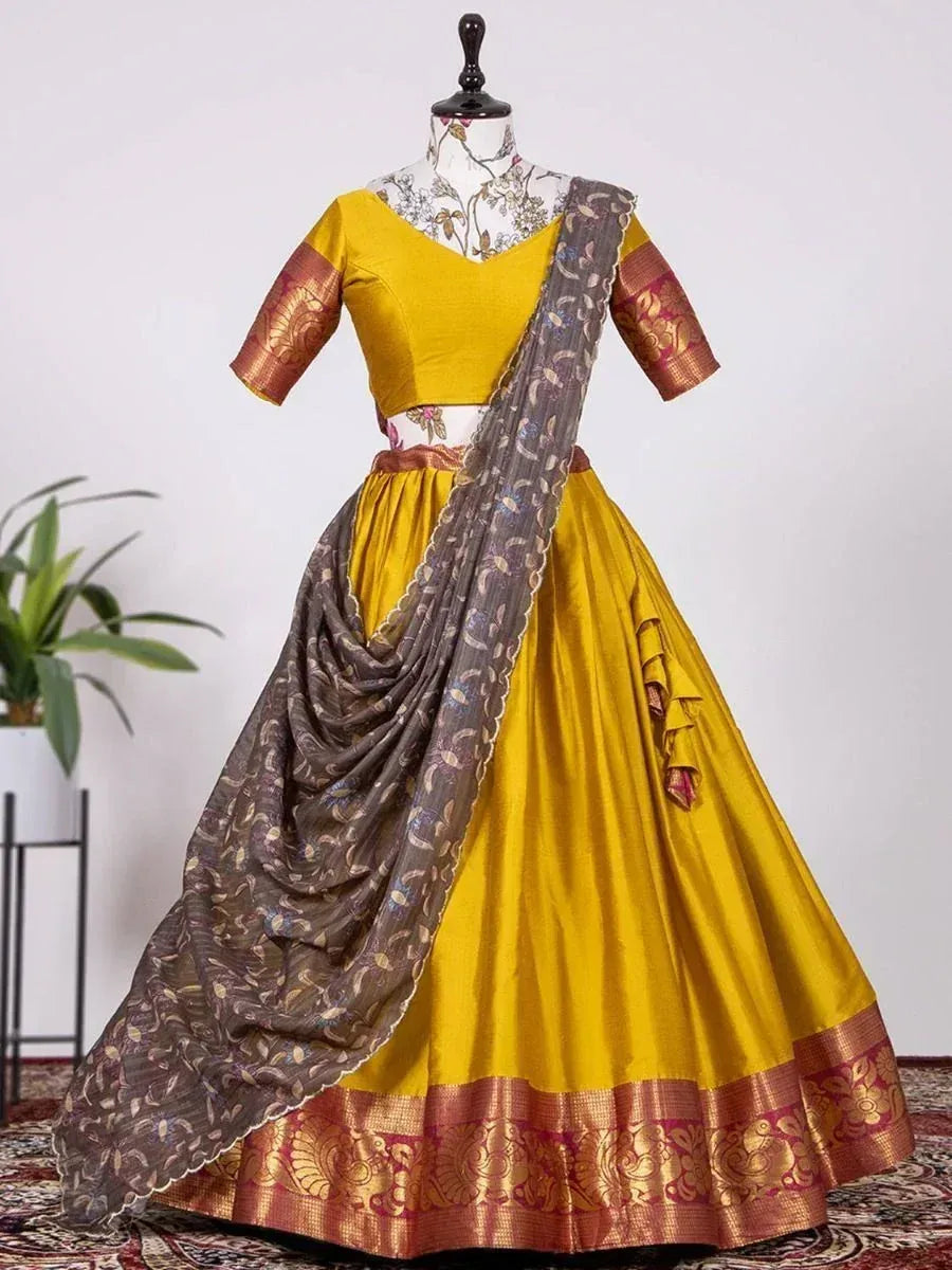 Mustard yellow lehenga choli with gold border and floral dupatta, Indian ethnic wear