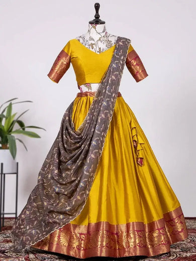 Adorable Yellow Silk Zari Weaving South Onam Festival Half Saree Lehenga