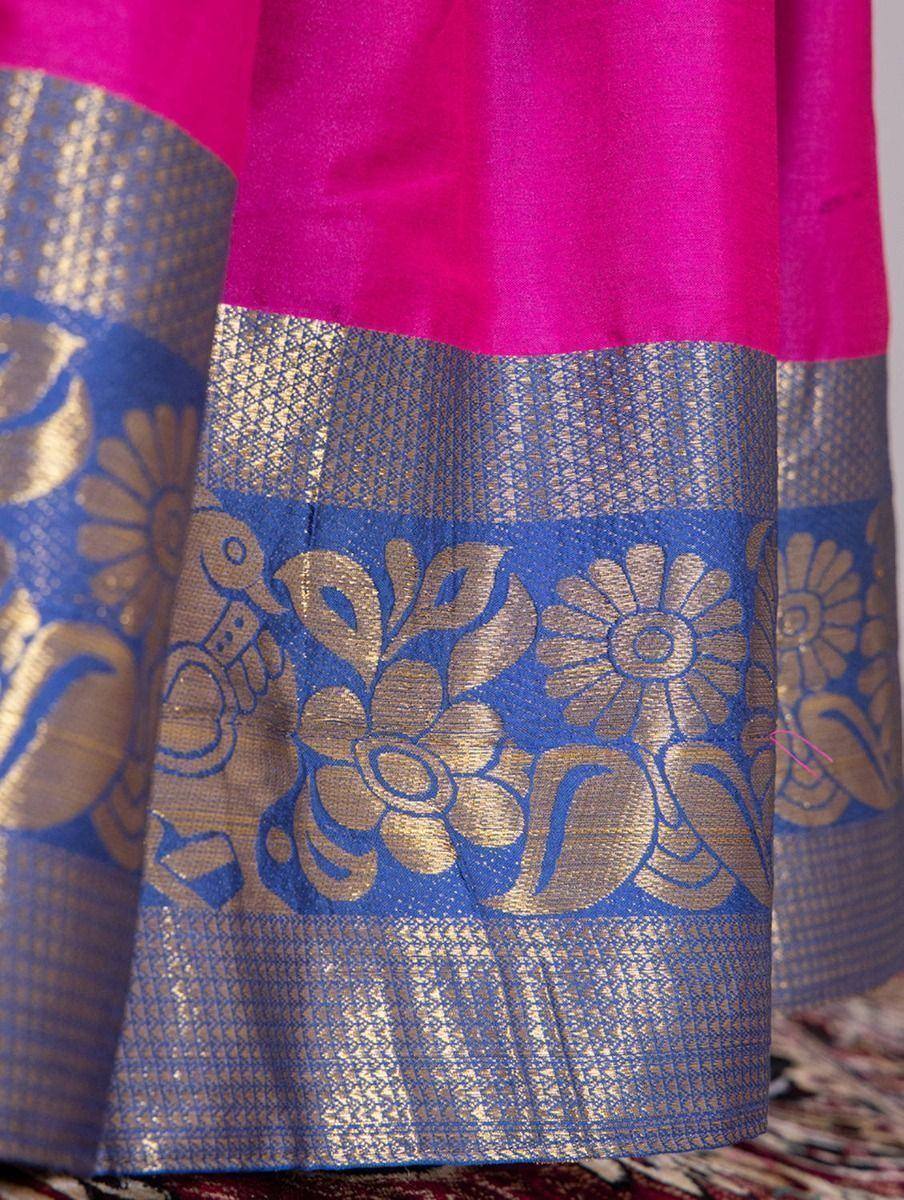 Pink and blue ethnic saree with gold floral zari border, traditional Indian wear