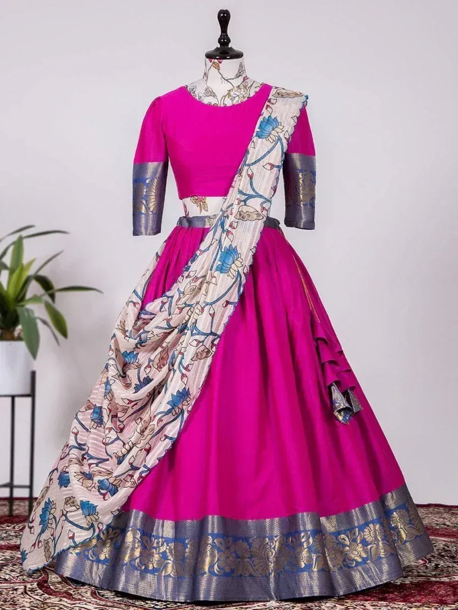 Fuchsia pink lehenga choli with floral dupatta and gold border, Indian ethnic wear