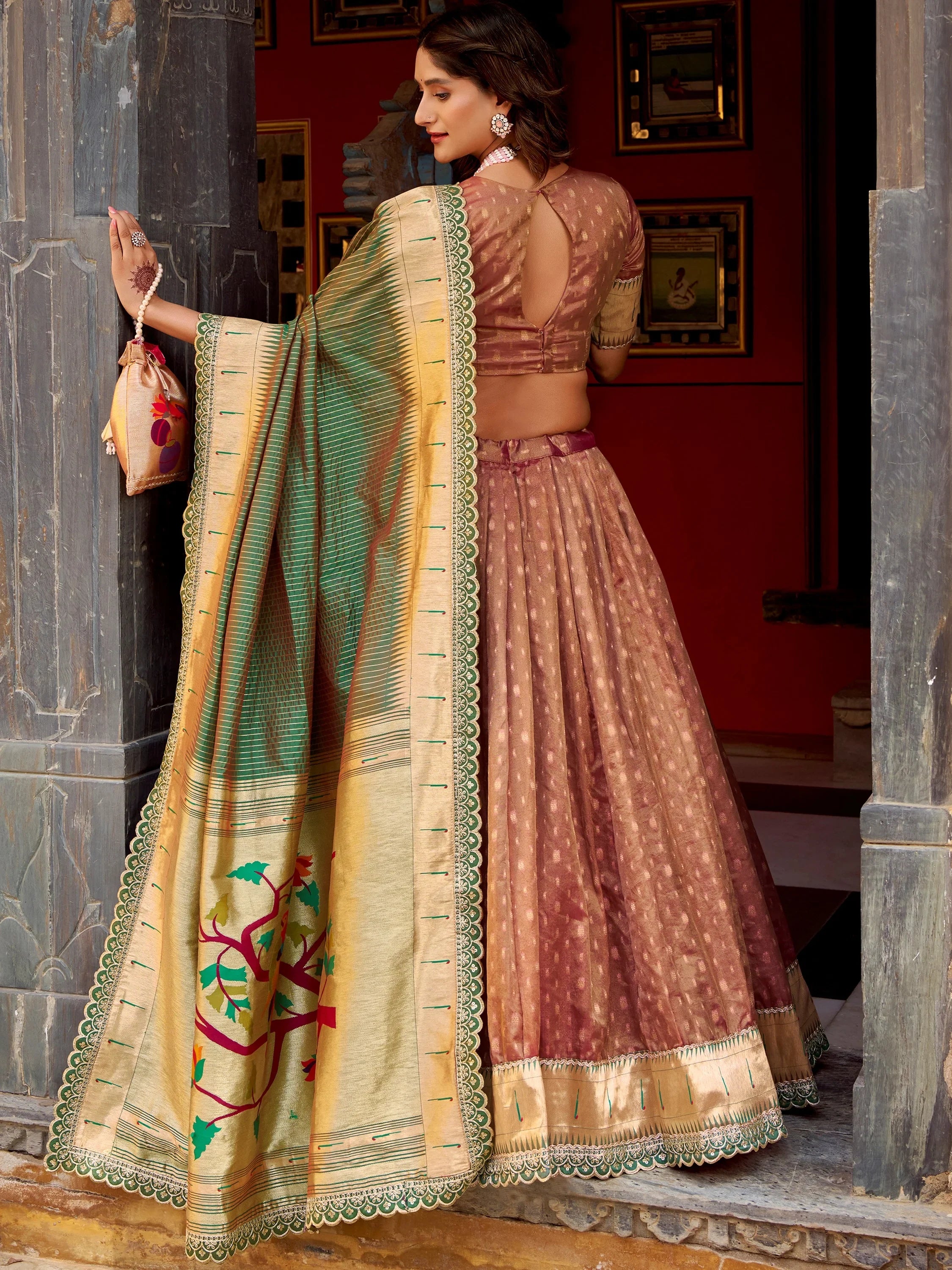 Bewitching Brown Zari Weaving Silk Festival Wear Lehenga Choli With Dupatta