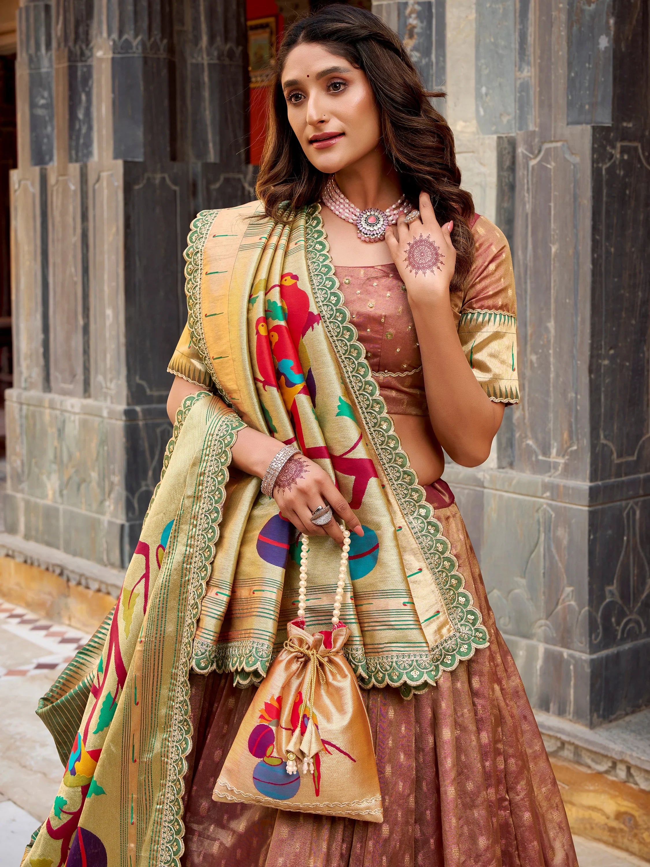 Bewitching Brown Zari Weaving Silk Festival Wear Lehenga Choli With Dupatta