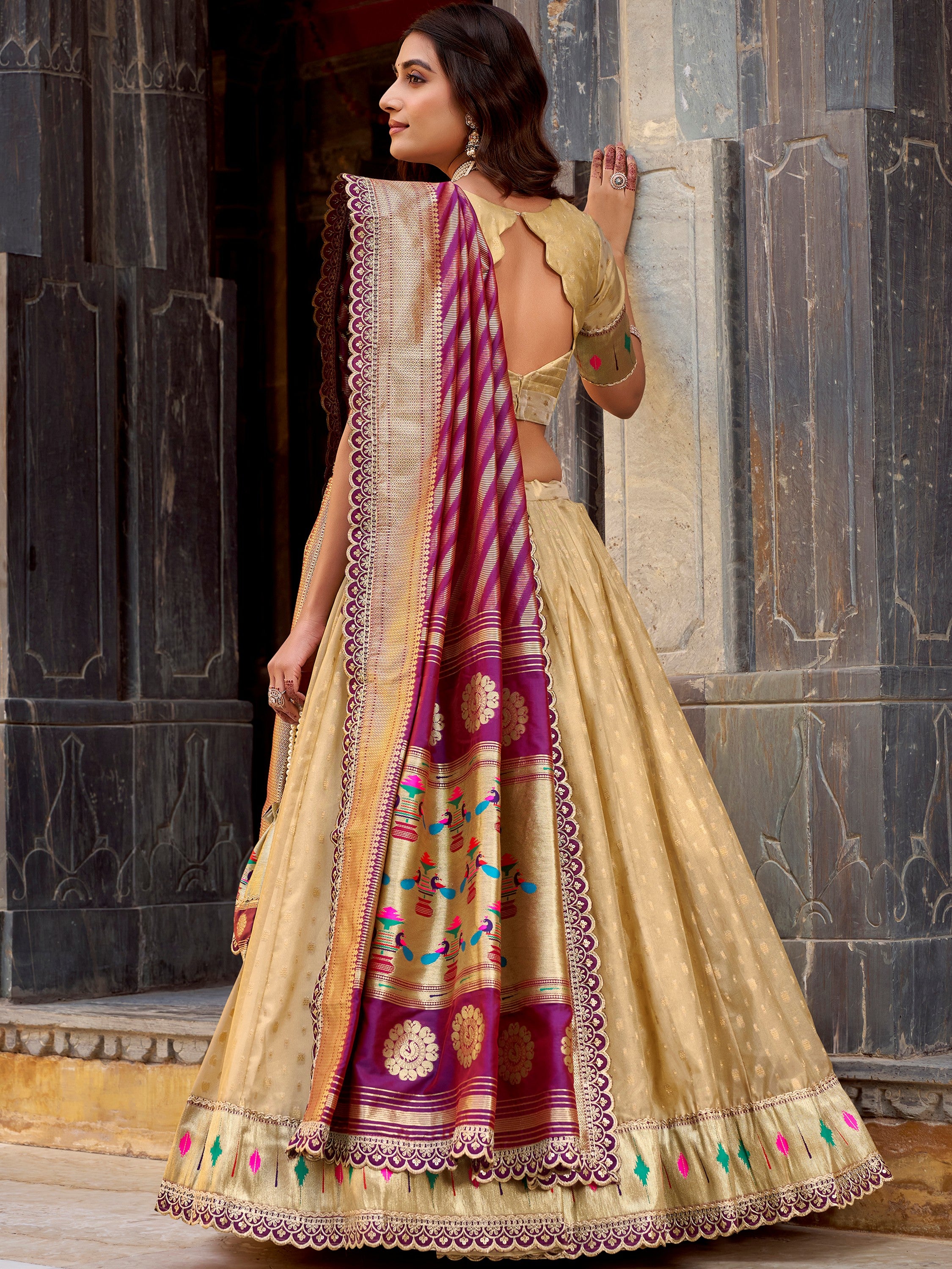 Beautiful Cream Zari Weaving Silk Traditional Lehenga Choli With Dupatta
