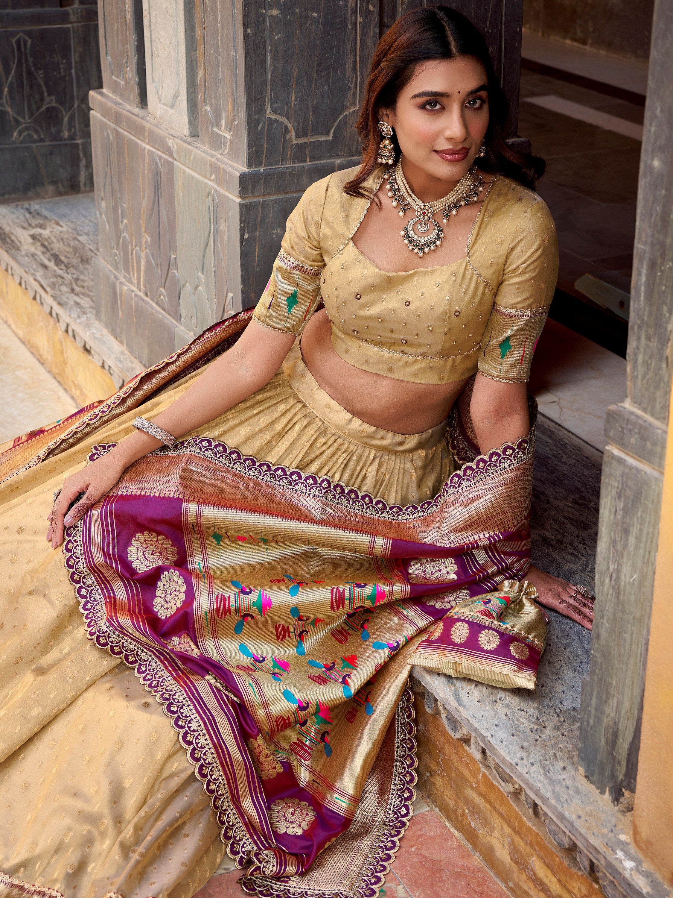 Beautiful Cream Zari Weaving Silk Traditional Lehenga Choli With Dupatta