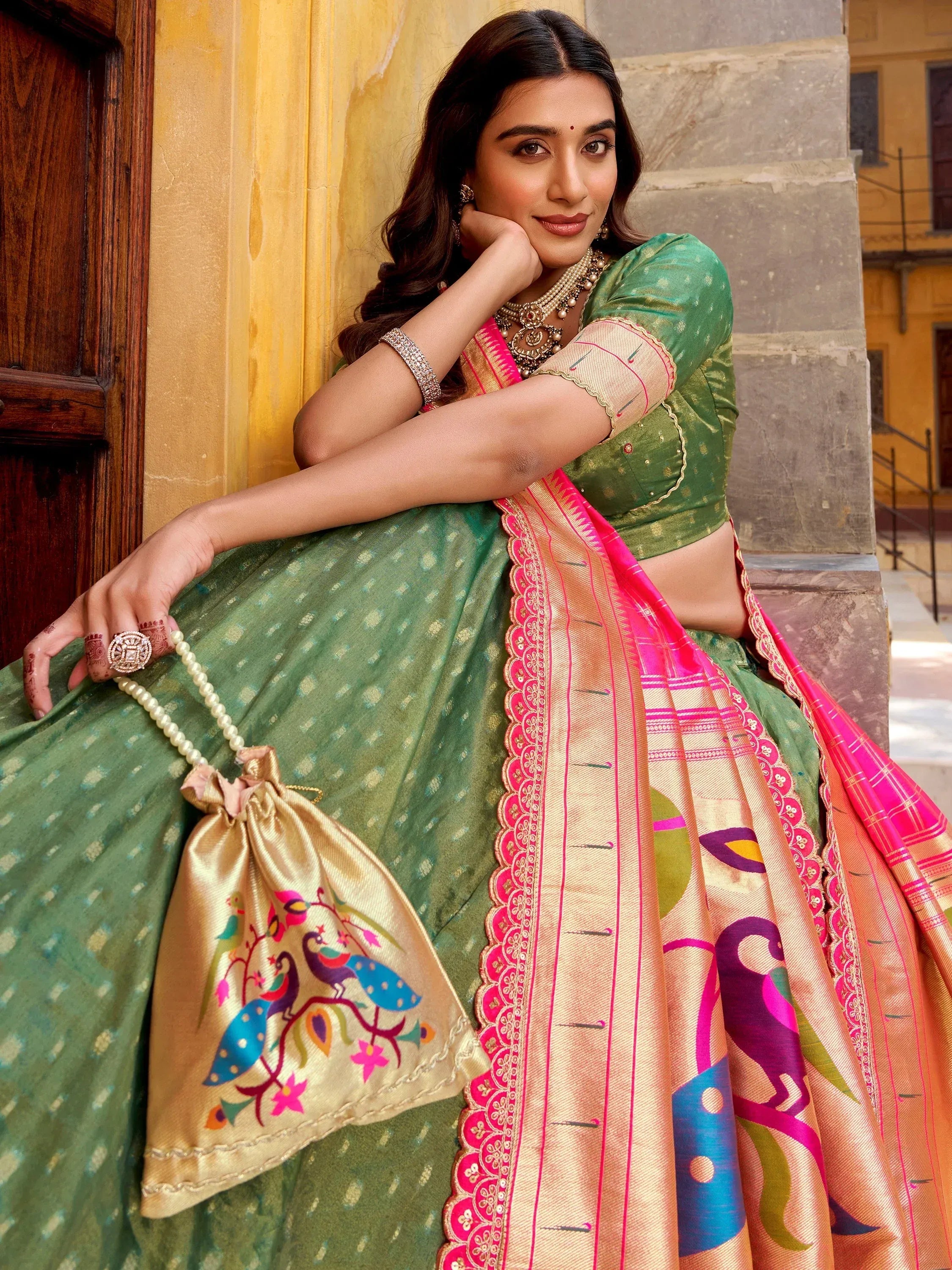 Fabulous Green Zari Weaving Silk Mehendi Wear Lehenga Choli With Dupatta