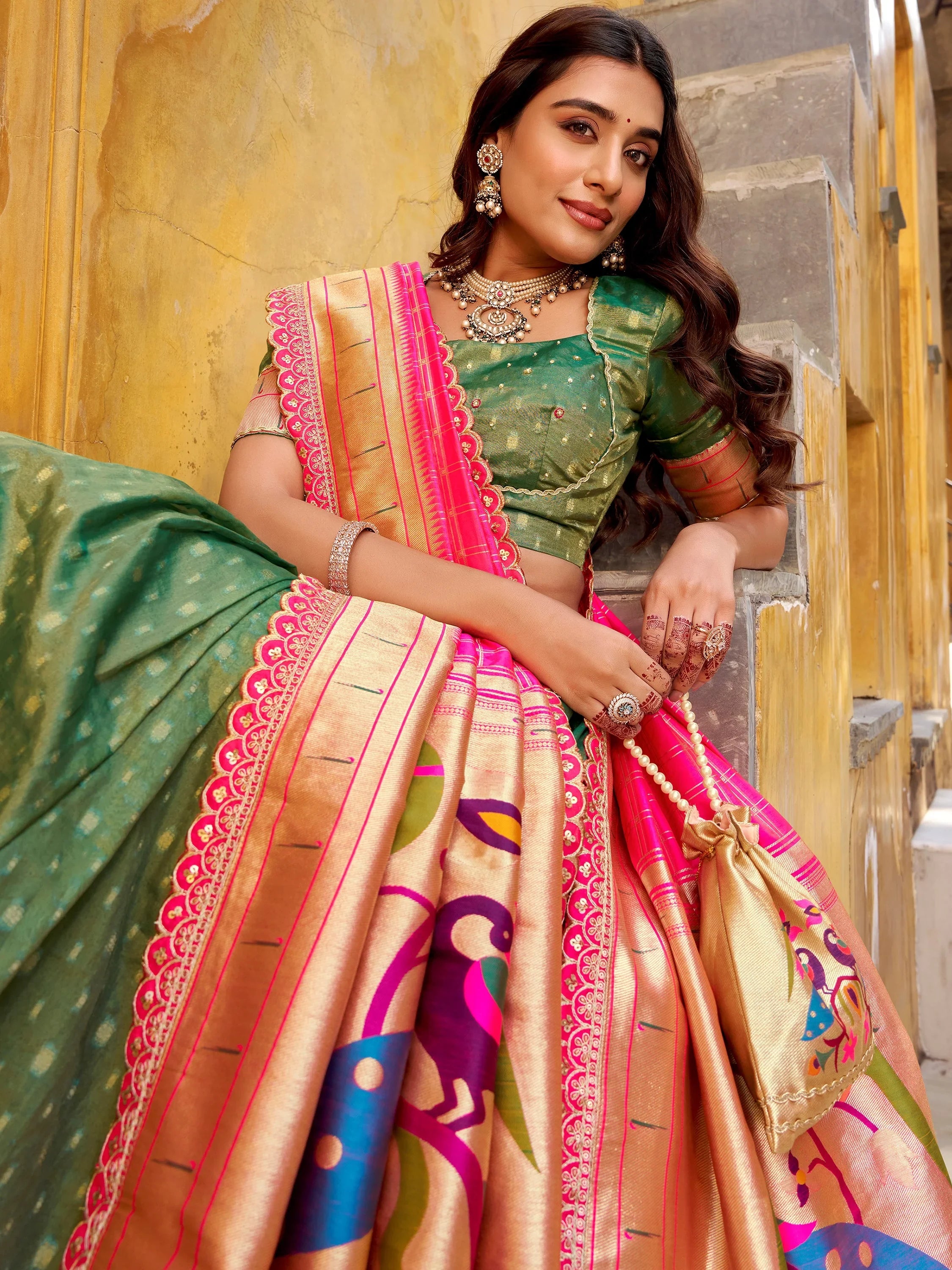 Fabulous Green Zari Weaving Silk Mehendi Wear Lehenga Choli With Dupatta
