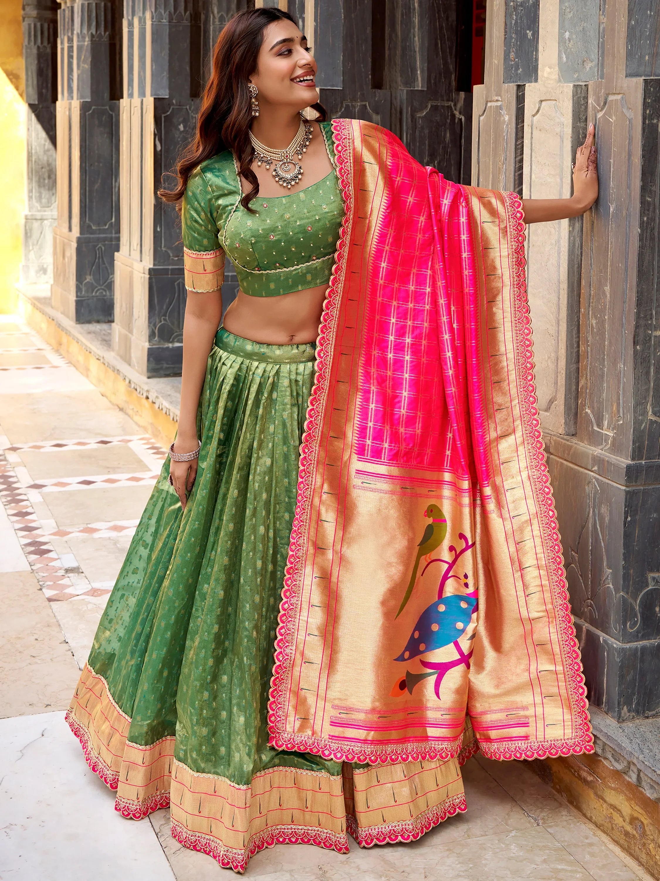 Fabulous Green Zari Weaving Silk Mehendi Wear Lehenga Choli With Dupatta