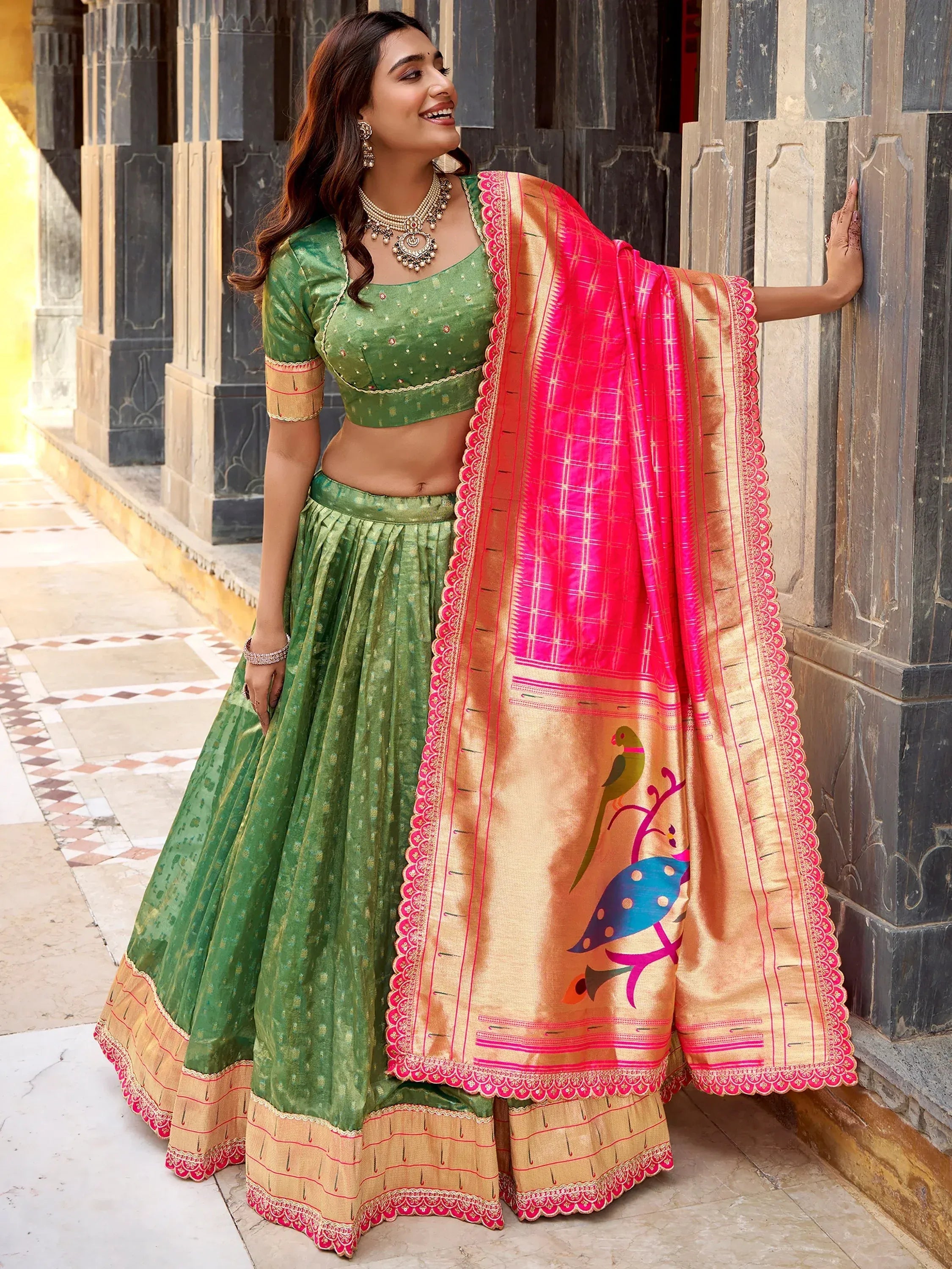 Fabulous Green Zari Weaving Silk Mehendi Wear Lehenga Choli With Dupatta