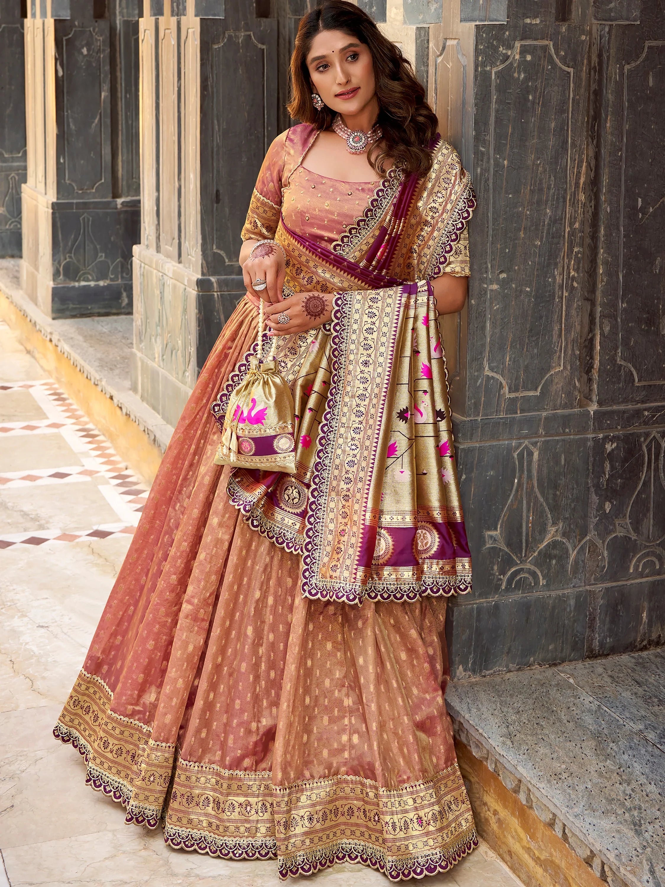 Elegant Peach Zari Weaving Silk Wedding Lehenga Choli With Dupatta