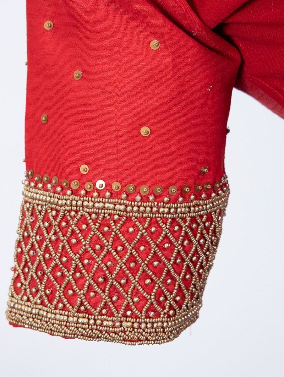 Red ethnic blouse sleeve with gold beadwork and sequin detailing for lehenga choli