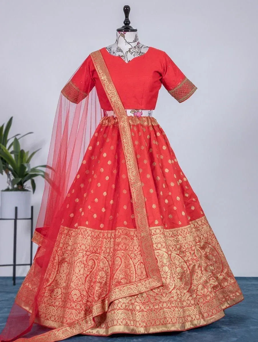 Red ethnic lehenga choli with gold embroidery and dupatta, perfect for Indian weddings and festivals
