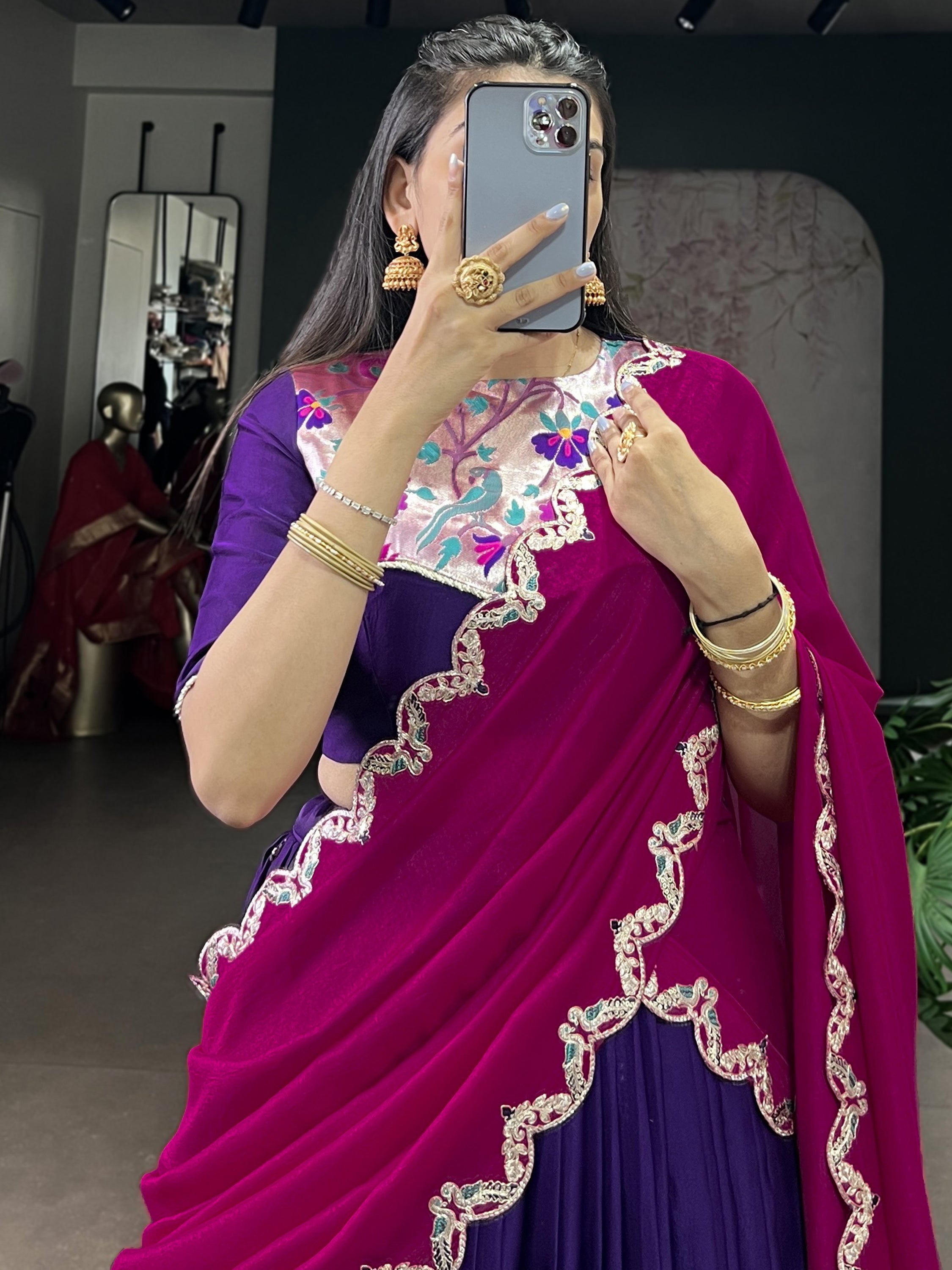 Stunning Purple Sequins Silk Festive Wear Half Saree Lehenga
