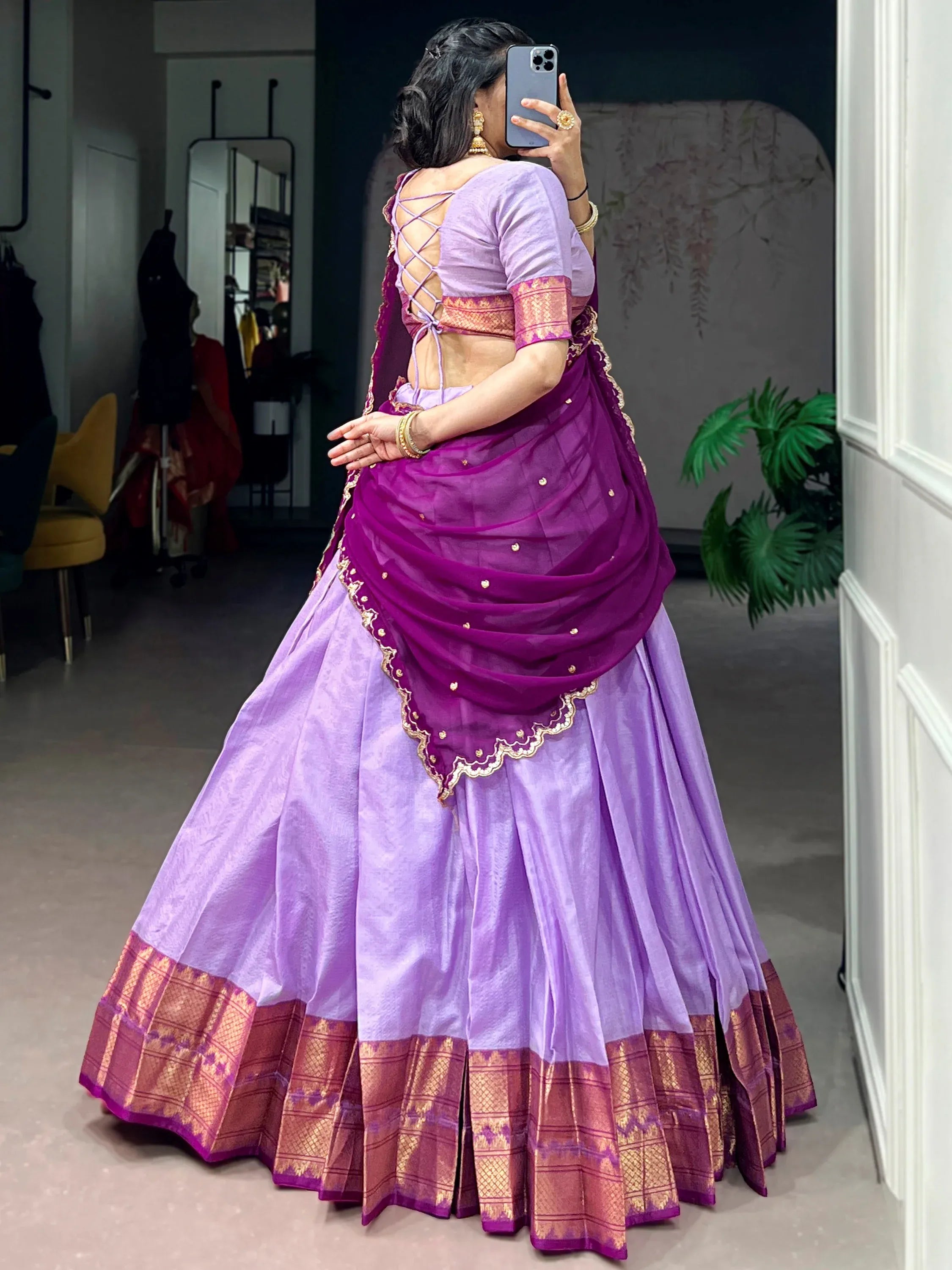 Gorgeous Lavender Zari Weaving Silk Traditional Half Saree Lehenga
