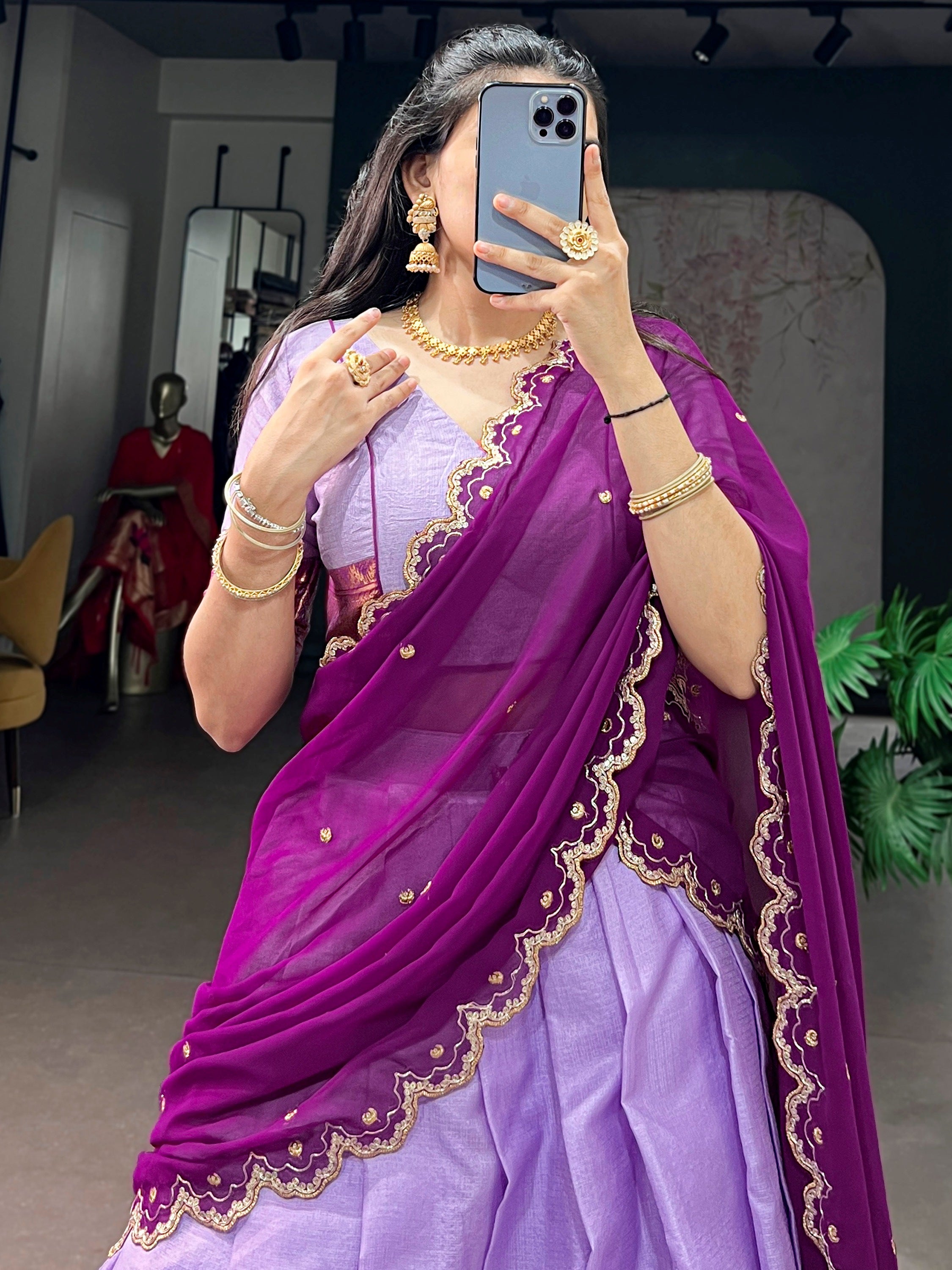 Gorgeous Lavender Zari Weaving Silk Traditional Half Saree Lehenga