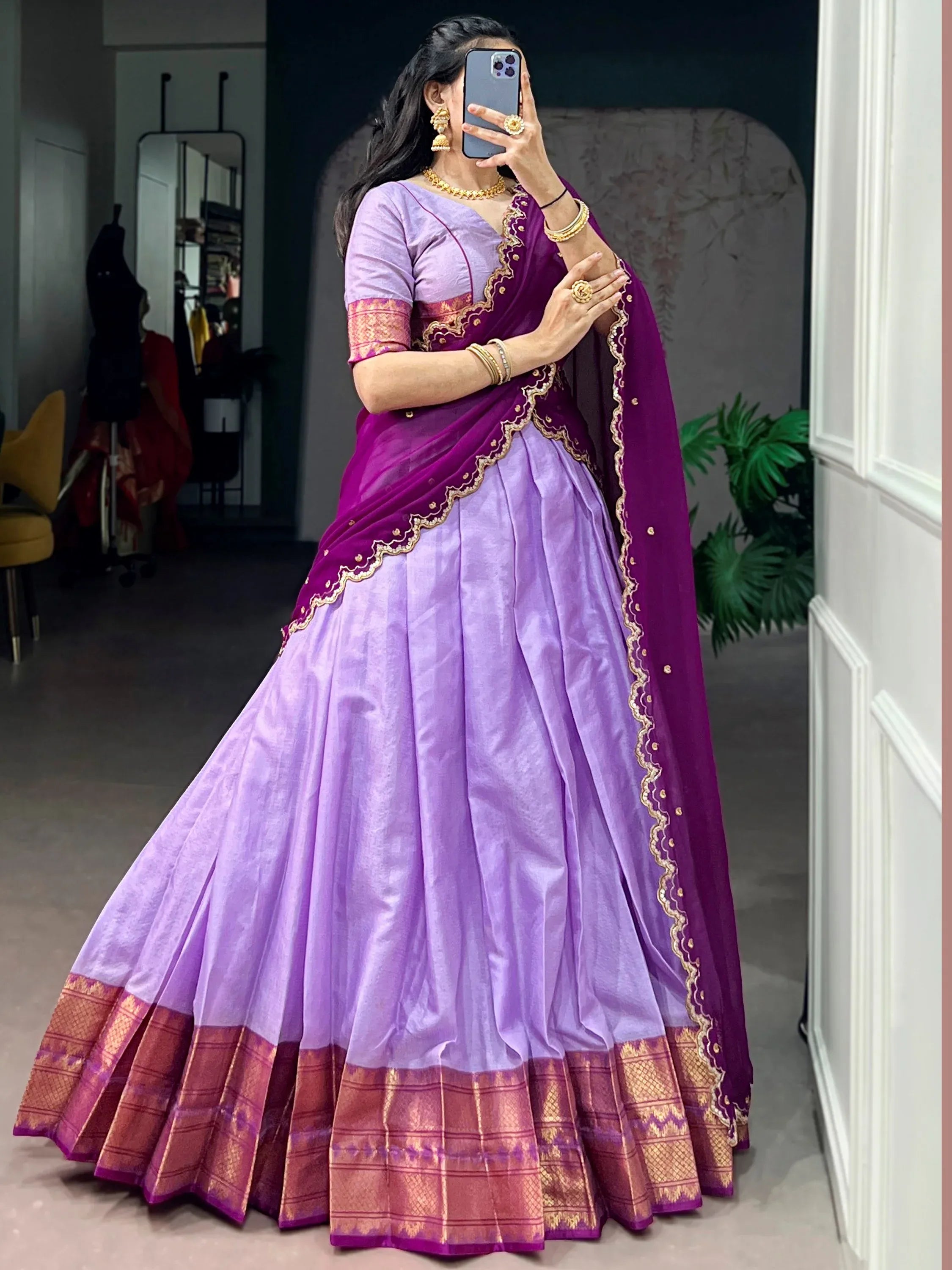 Gorgeous Lavender Zari Weaving Silk Traditional Half Saree Lehenga