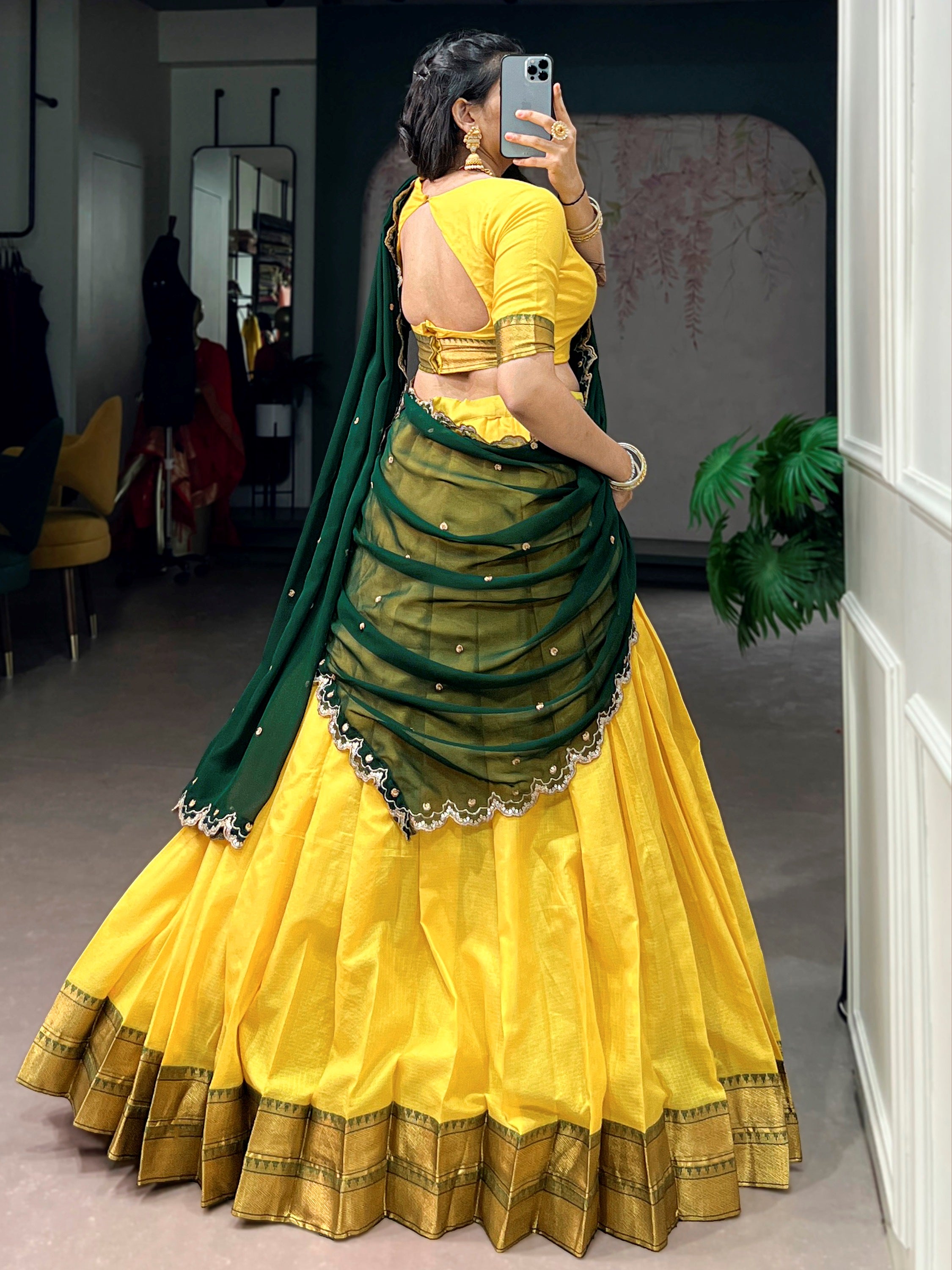 Shiny Yellow Zari Weaving Silk Haldi Wear Half Saree Lehenga
