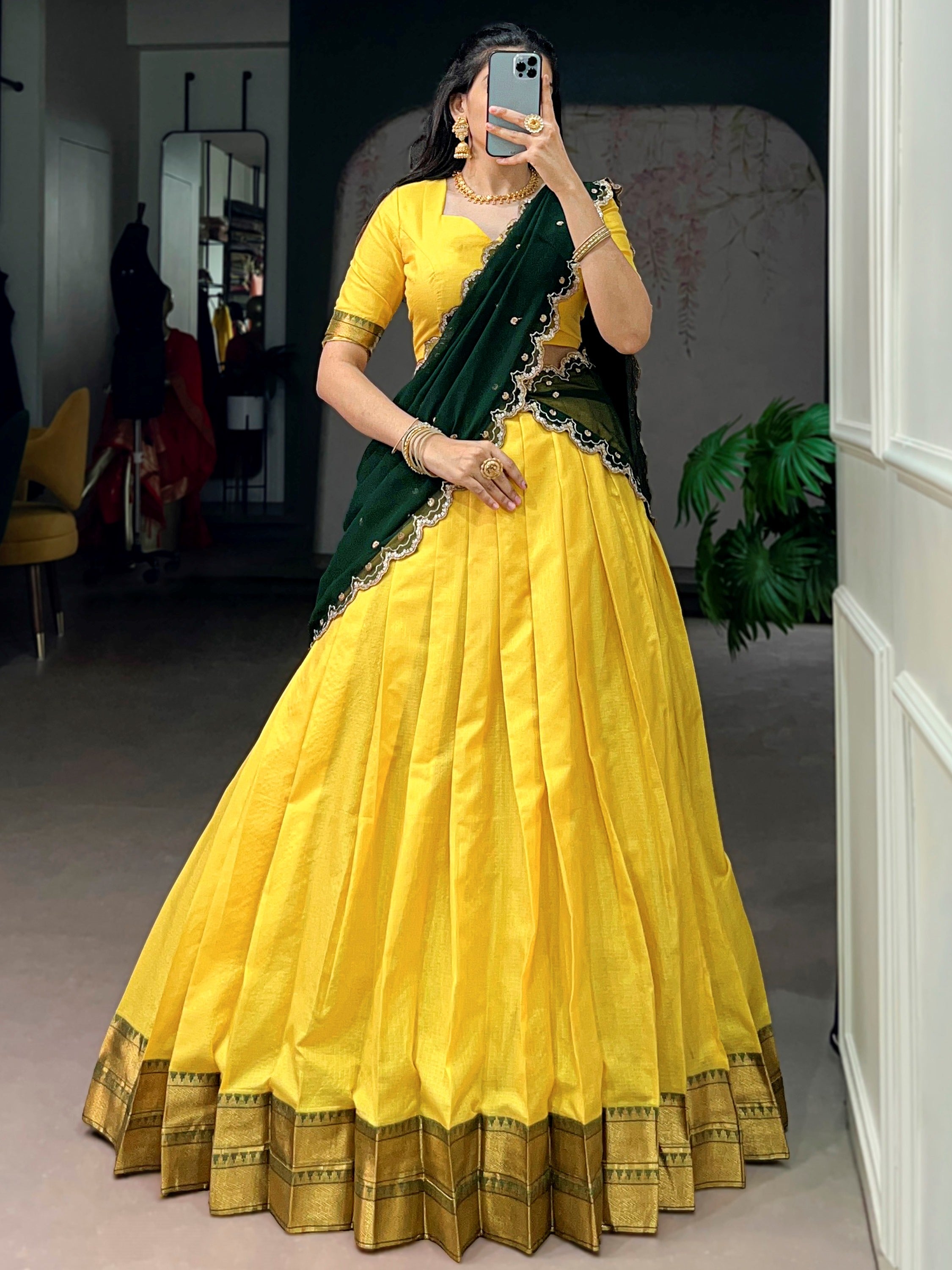 Shiny Yellow Zari Weaving Silk Haldi Wear Half Saree Lehenga