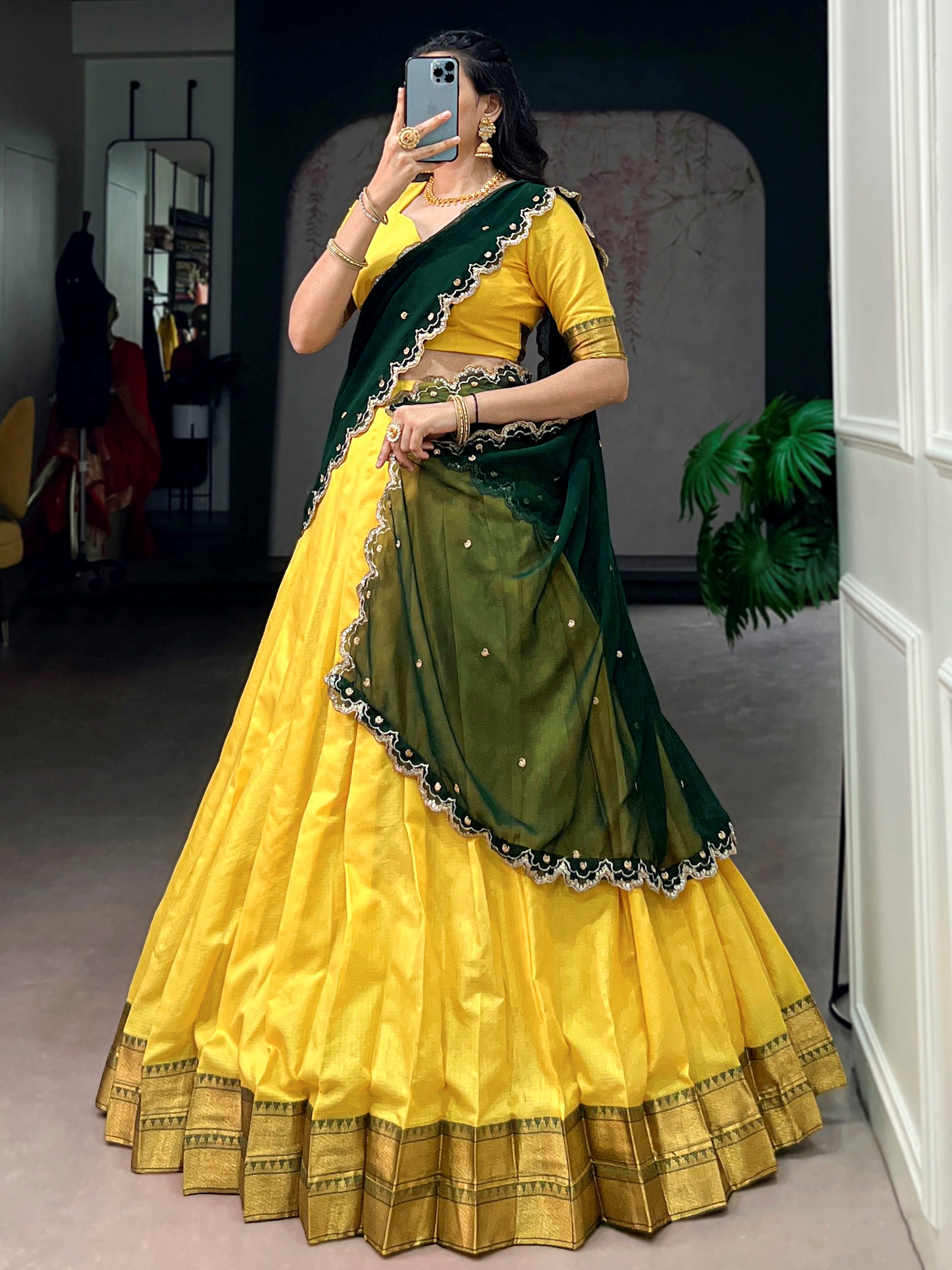 Shiny Yellow Zari Weaving Silk Haldi Wear Half Saree Lehenga