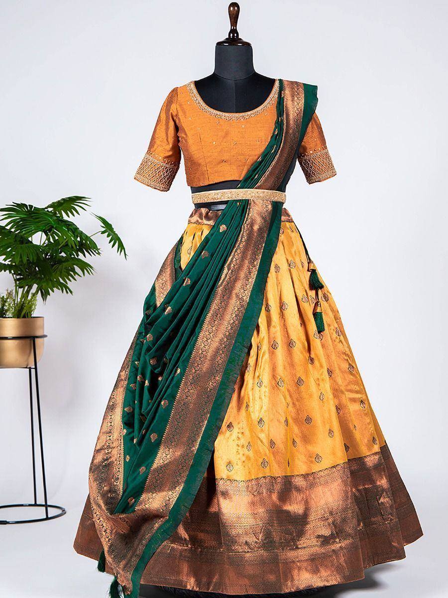 Mustard and green designer lehenga choli with embroidered blouse and dupatta, ethnic wear for women