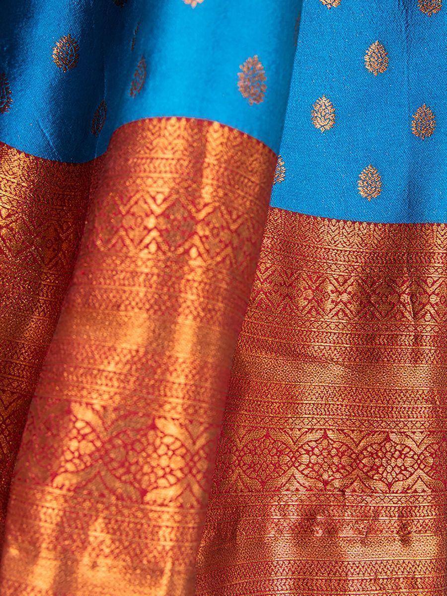 Blue and gold embroidered saree with intricate border design, ideal for ethnic wear occasions