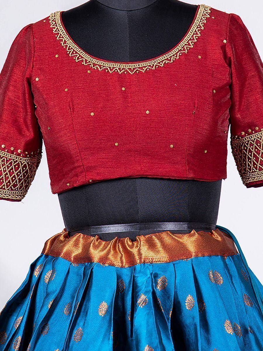 Red and blue lehenga choli with gold embroidery, perfect for Indian ethnic wear occasions