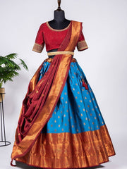 Wonderful Blue Zari Work Jacquard Wedding Wear Pattu Lehenga Choli